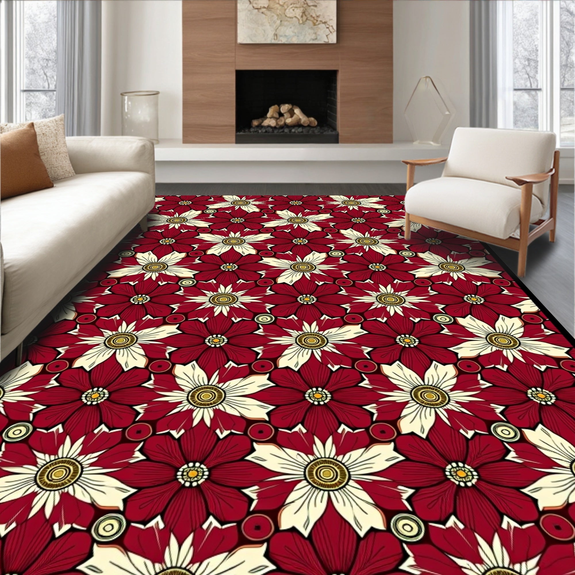 Deep Red Floral Sunburst Arrangement Rug