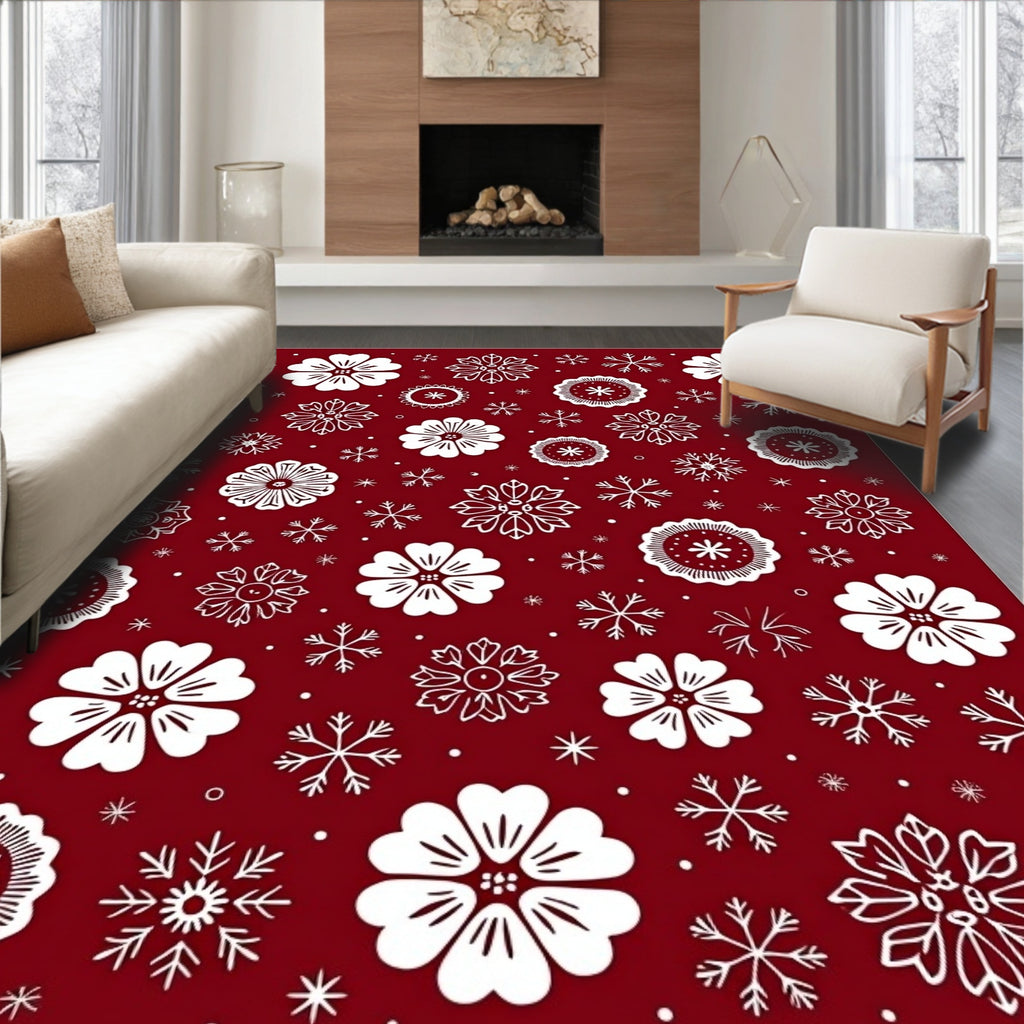 Crimson White Floral Snowflakes Collage Rug