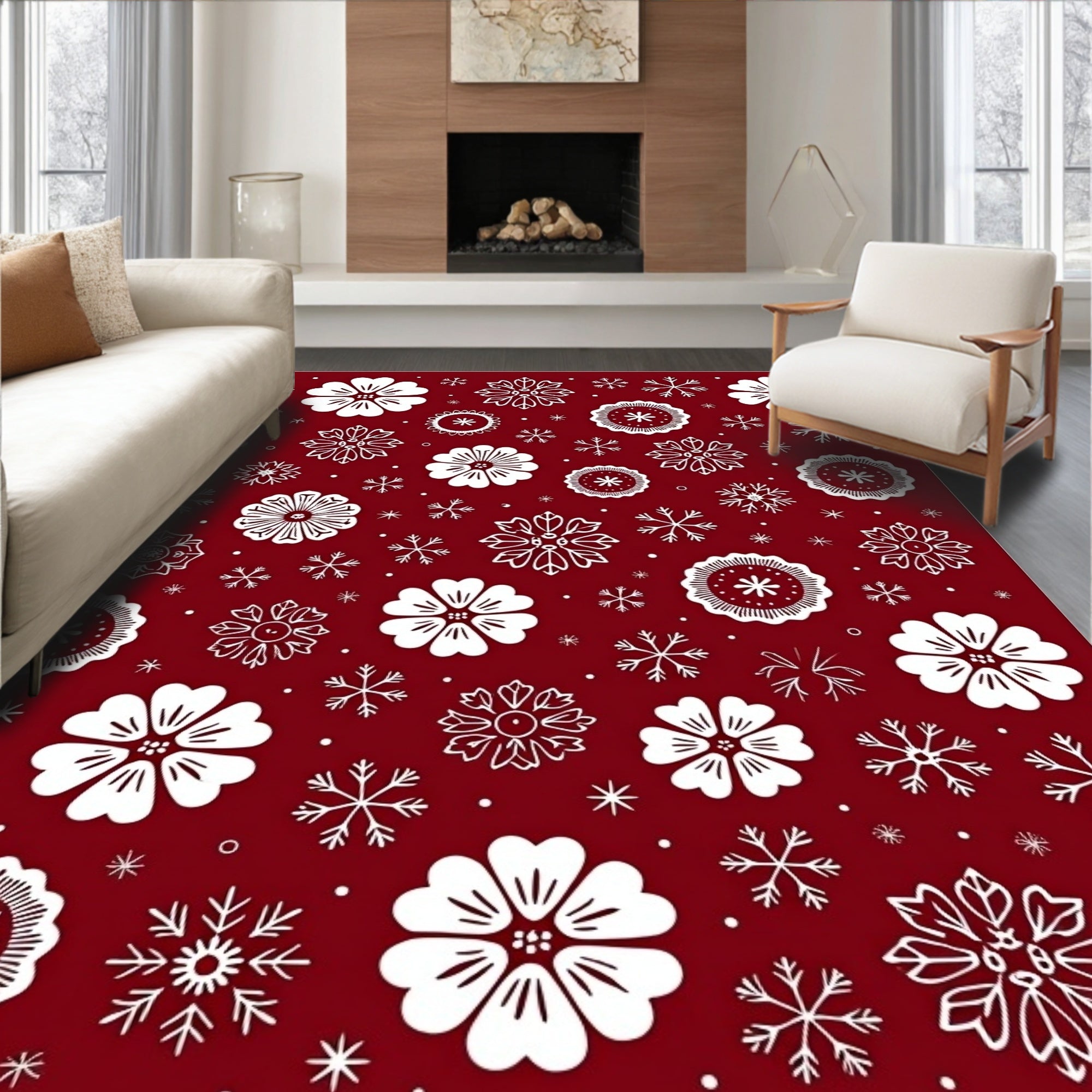 Crimson White Floral Snowflakes Collage Rug