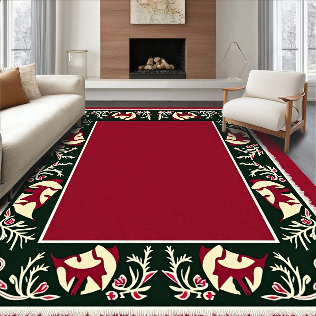 Crimson Green Floral Bird Border Rug