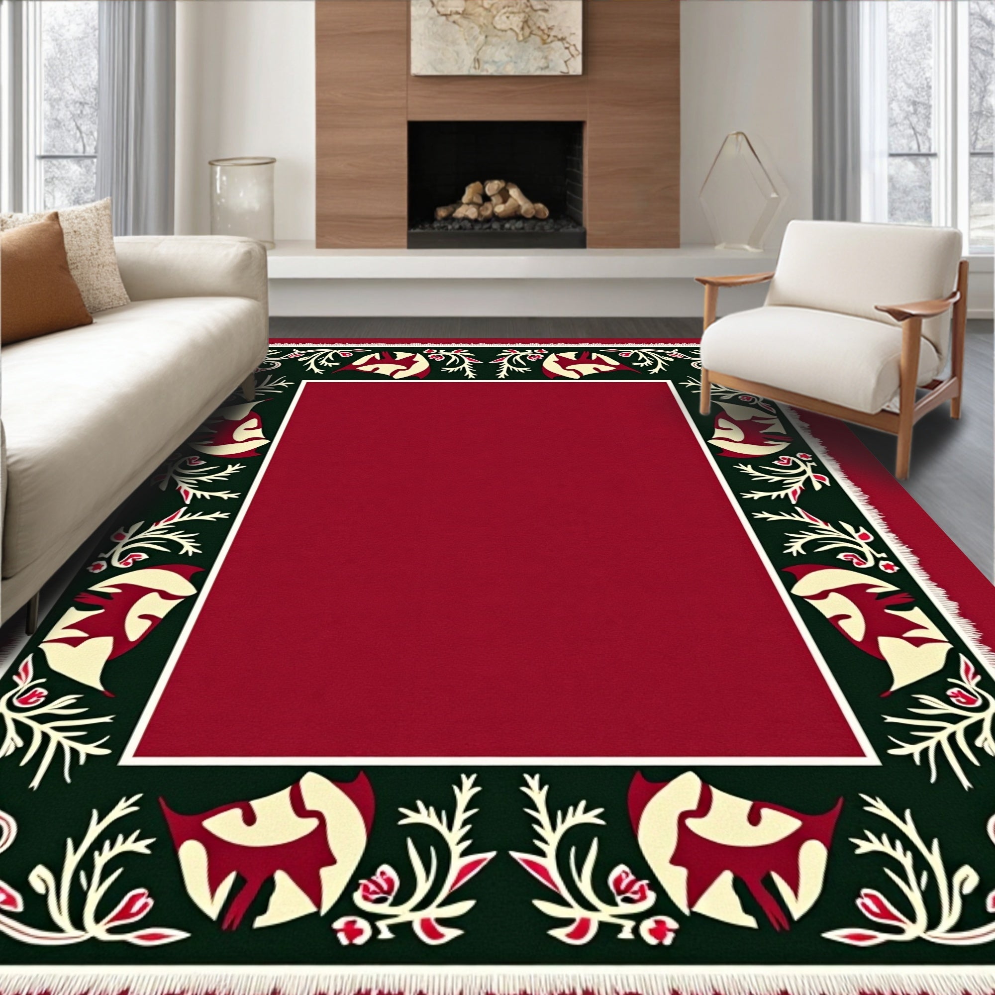 Crimson Green Floral Bird Border Rug