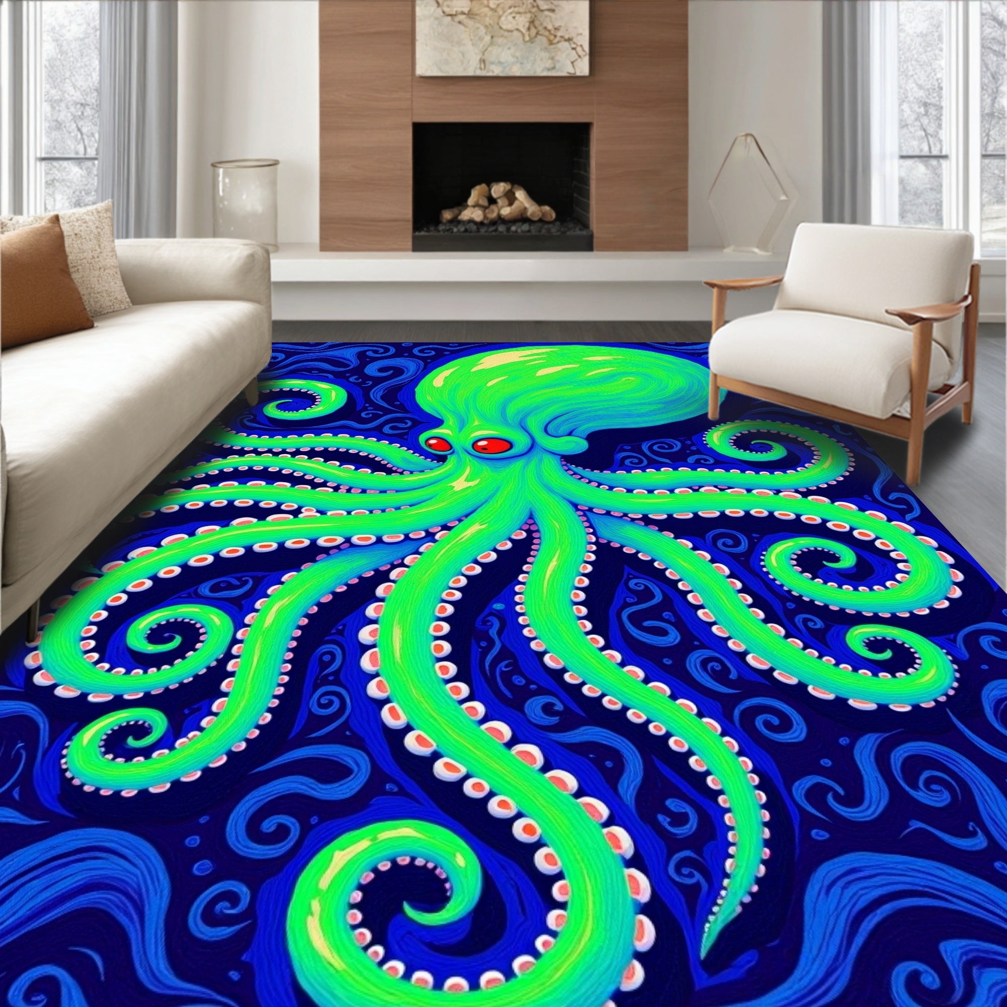 Vibrant Green Octopus Blue Swirls Rug
