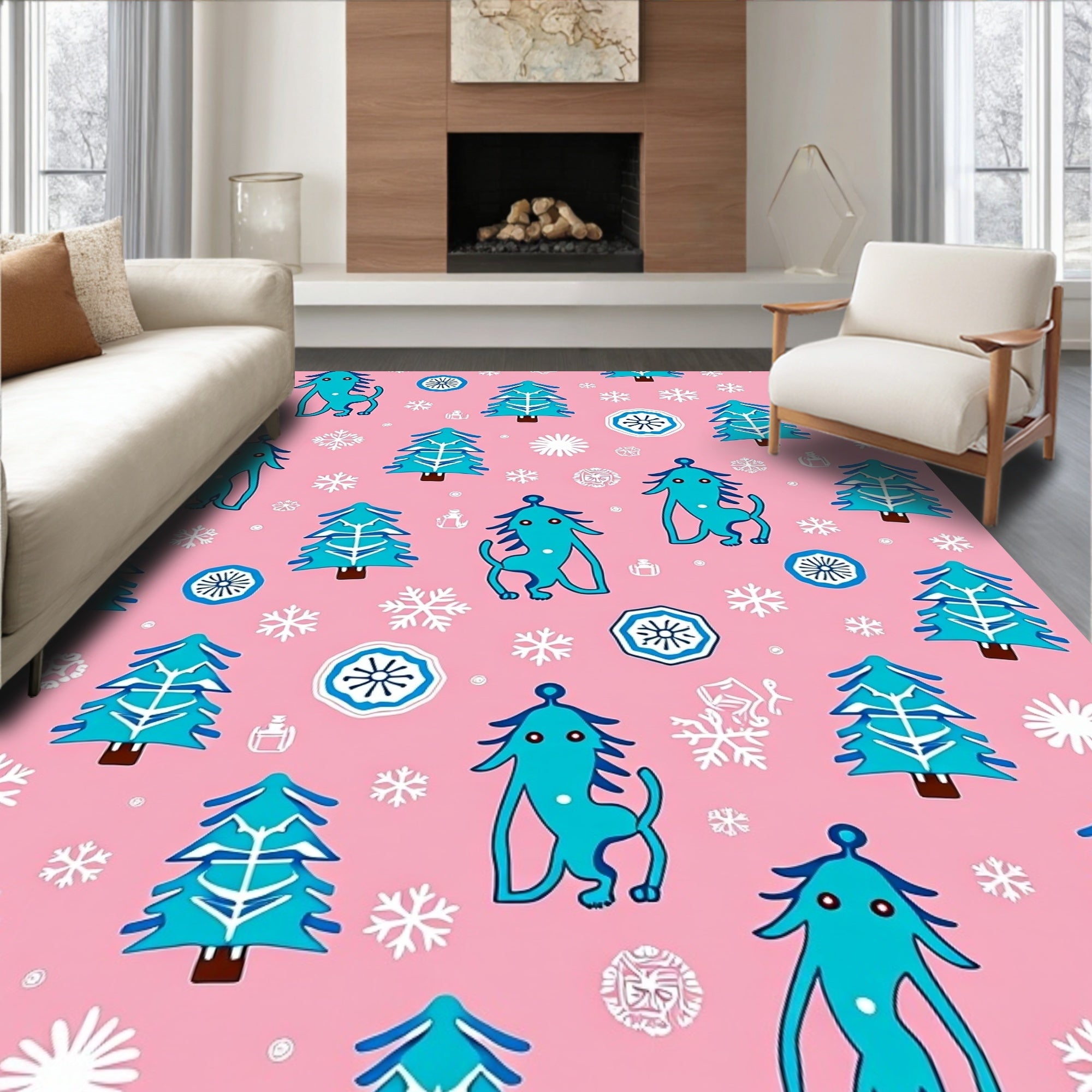 Whimsical Blue Creatures Christmas Trees Rug
