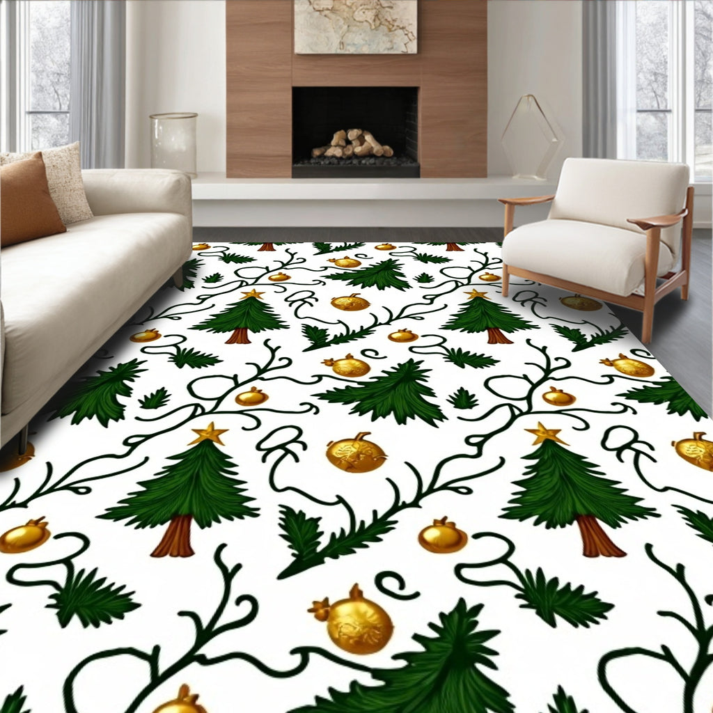 Golden Ornaments Green Christmas Tree Garland Rug