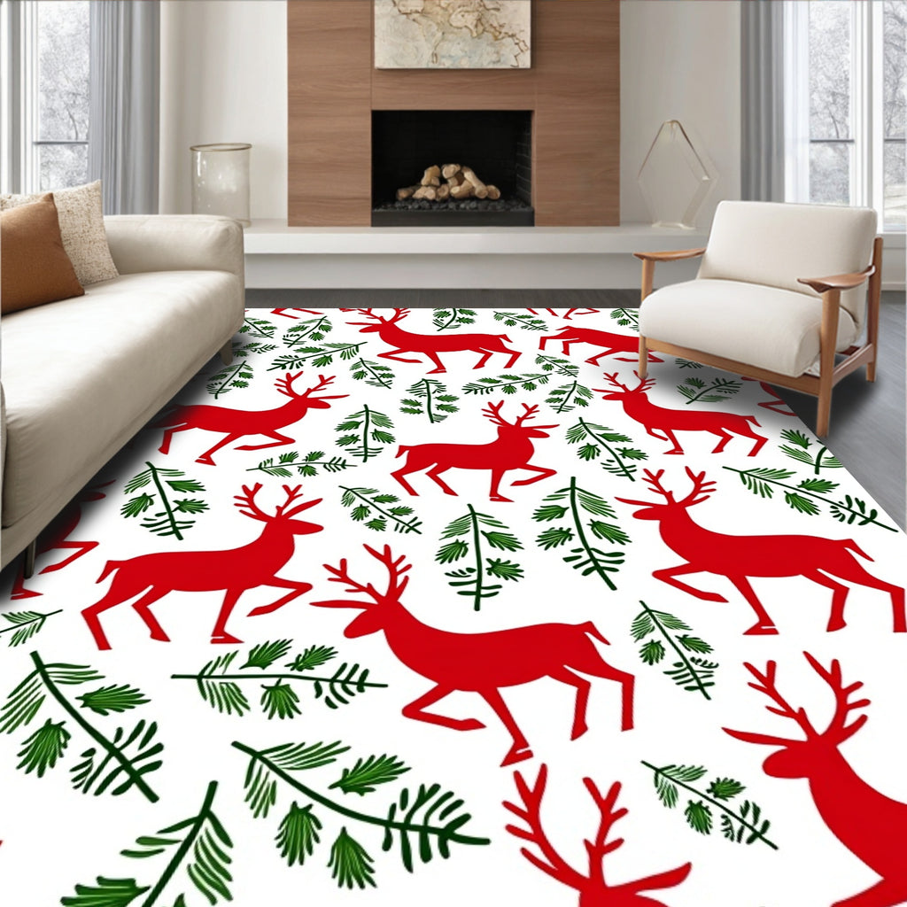 Bold Red Reindeer Pine Branches Rug