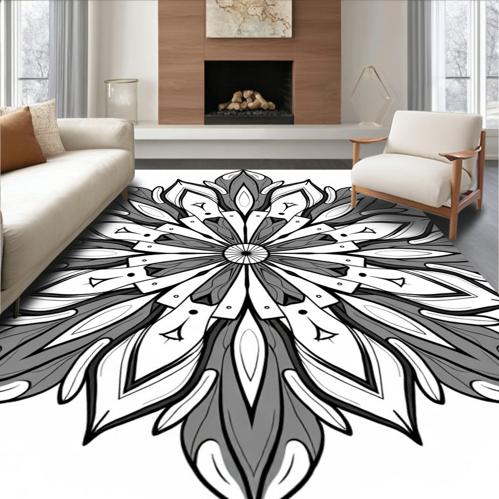 Monochromatic Floral Mandala Bloom Rug