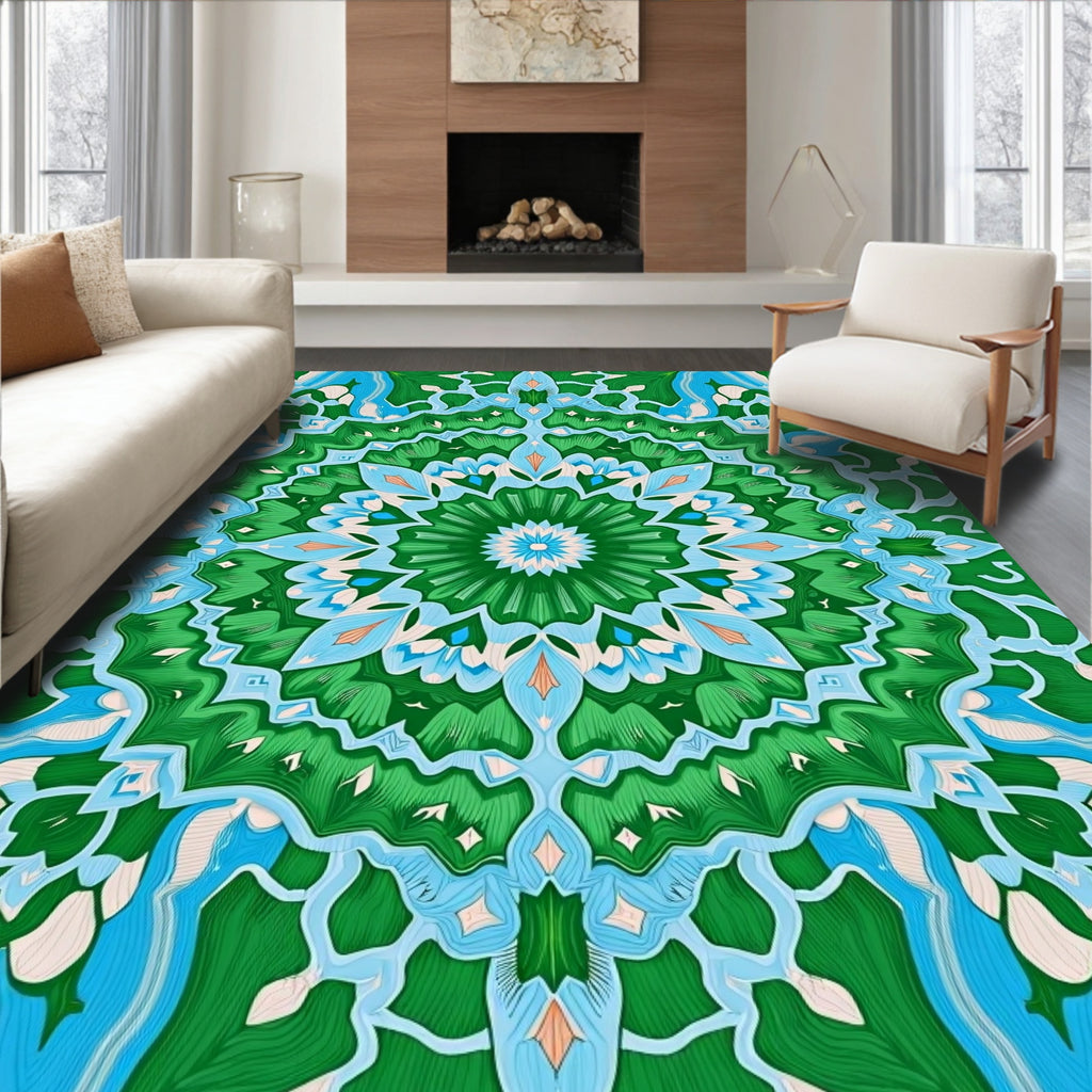 Emerald Green Blue Floral Mandala Rug