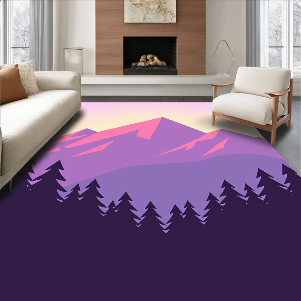 Pastel Mountain Sunset Forest Landscape Rug