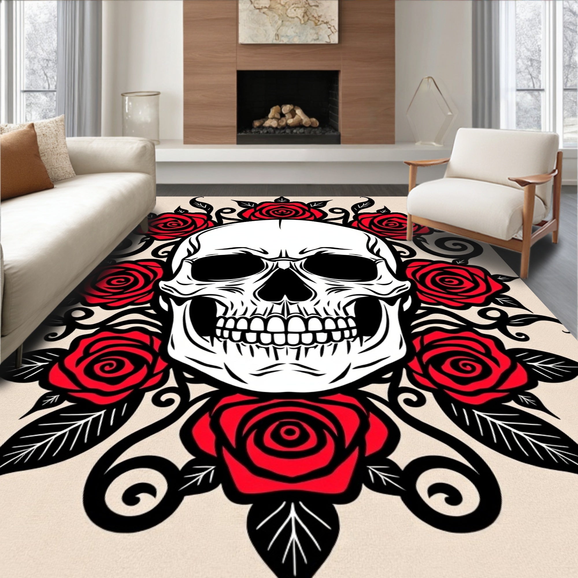 Edgy Red Rose Skull Tattoo Rug