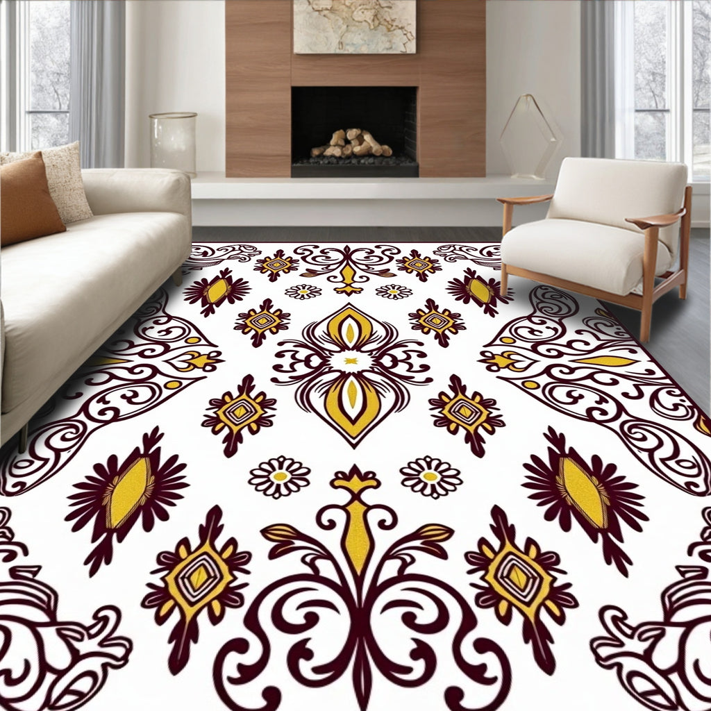 Gold and Maroon Floral Scroll Work Rug