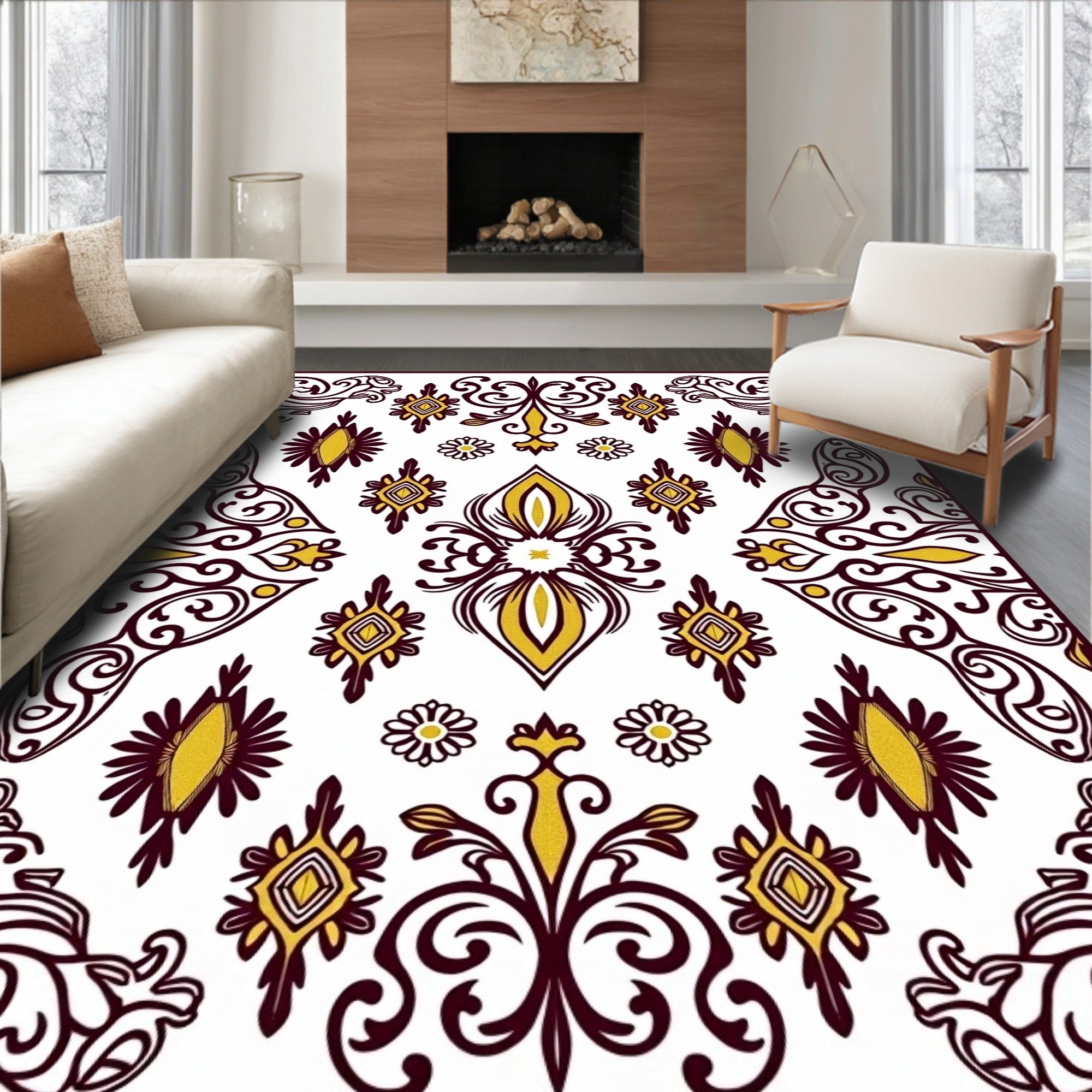 Gold and Maroon Floral Scroll Work Rug
