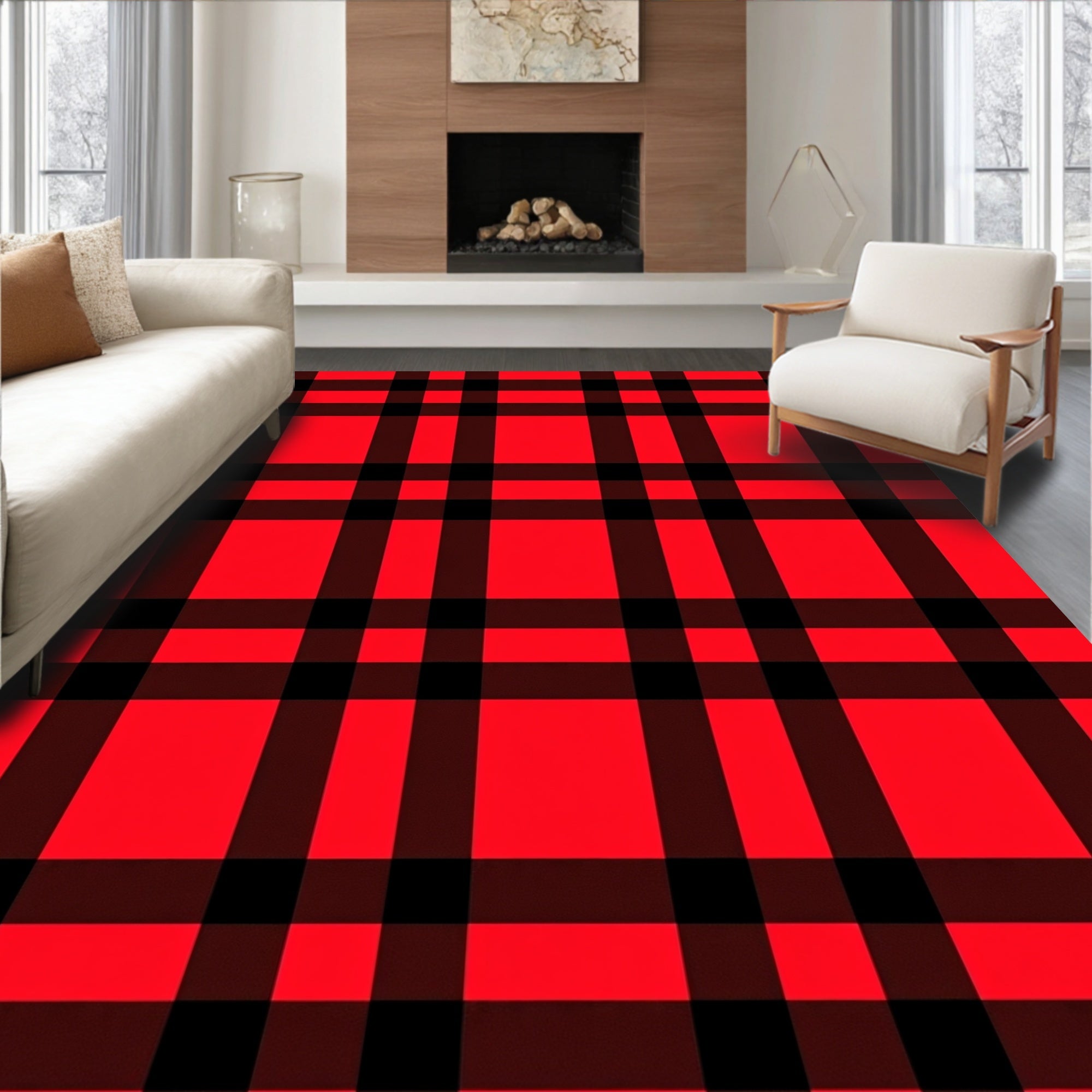 Classic Red Black Plaid Square Rug