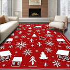 Cozy Red Christmas Village Snowflakes Rug