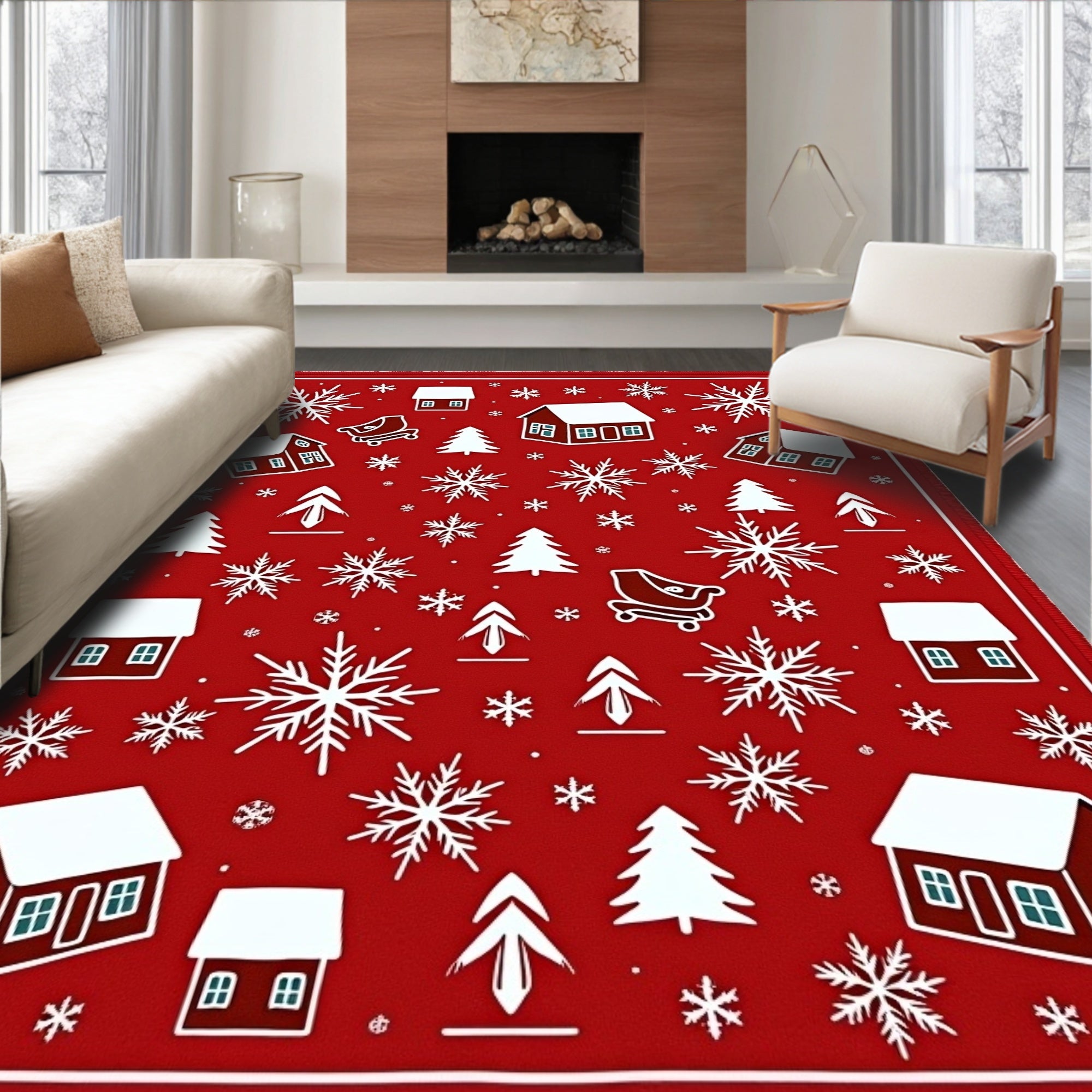 Cozy Red Christmas Village Snowflakes Rug