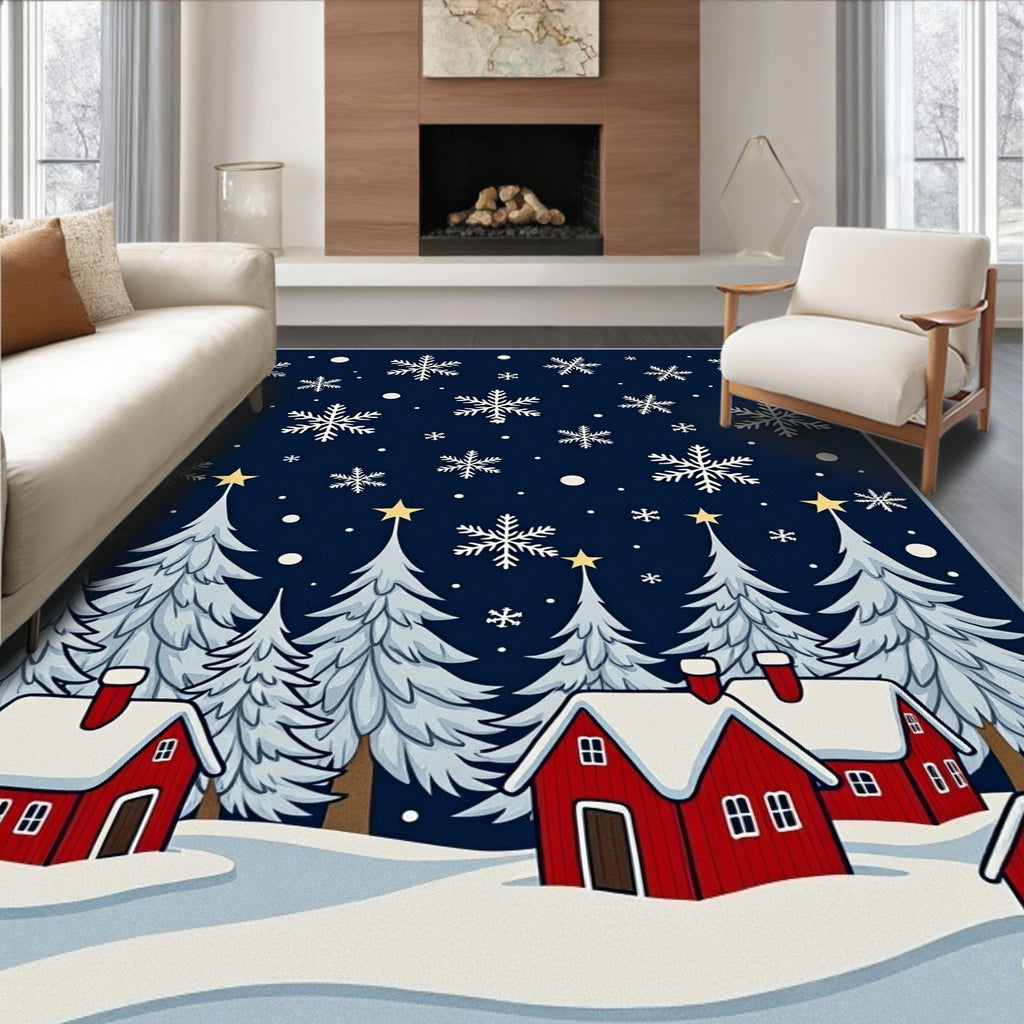 Winter Snow Houses Snowflake Scene Rug