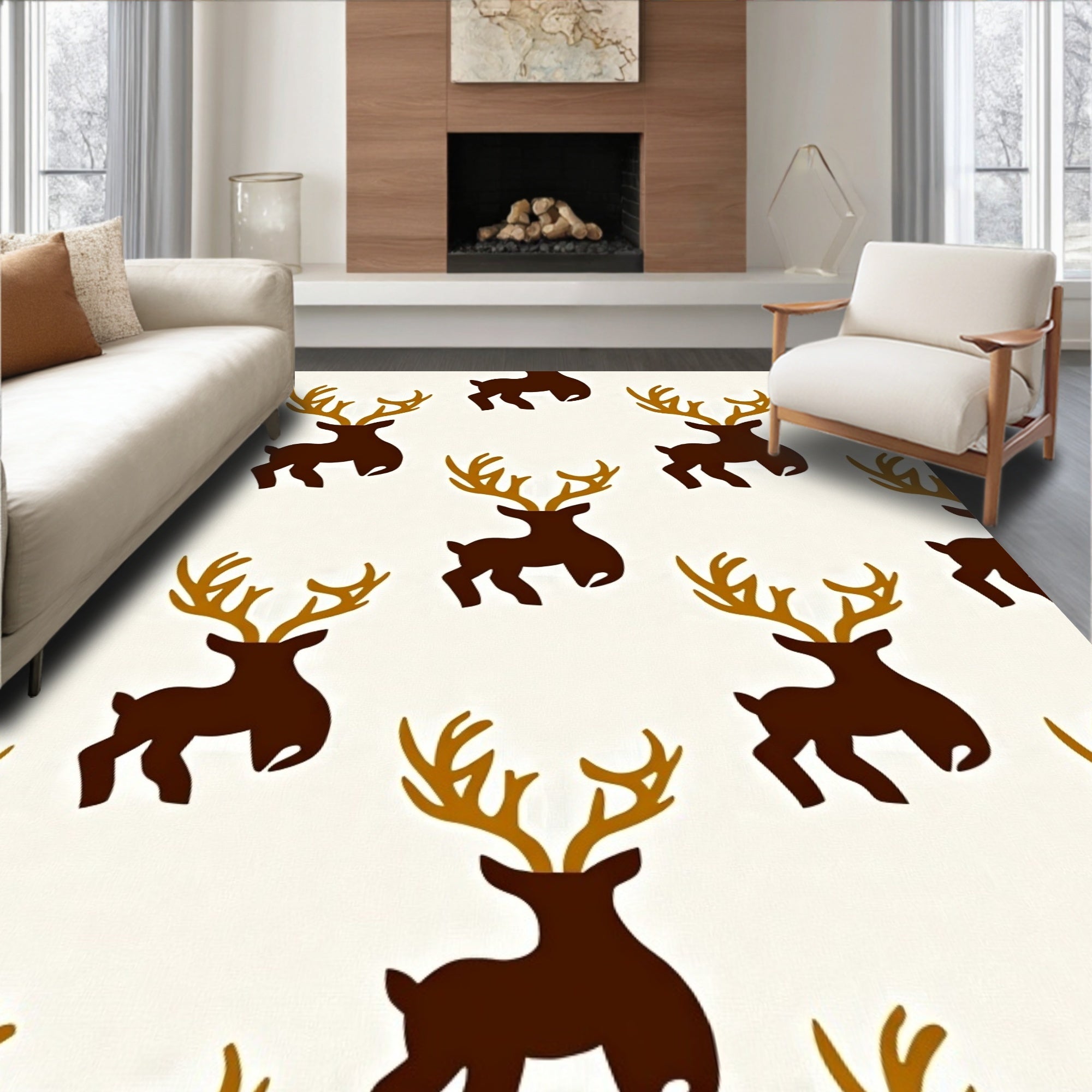 Brown Golden Reindeer Repeating Illustration Rug