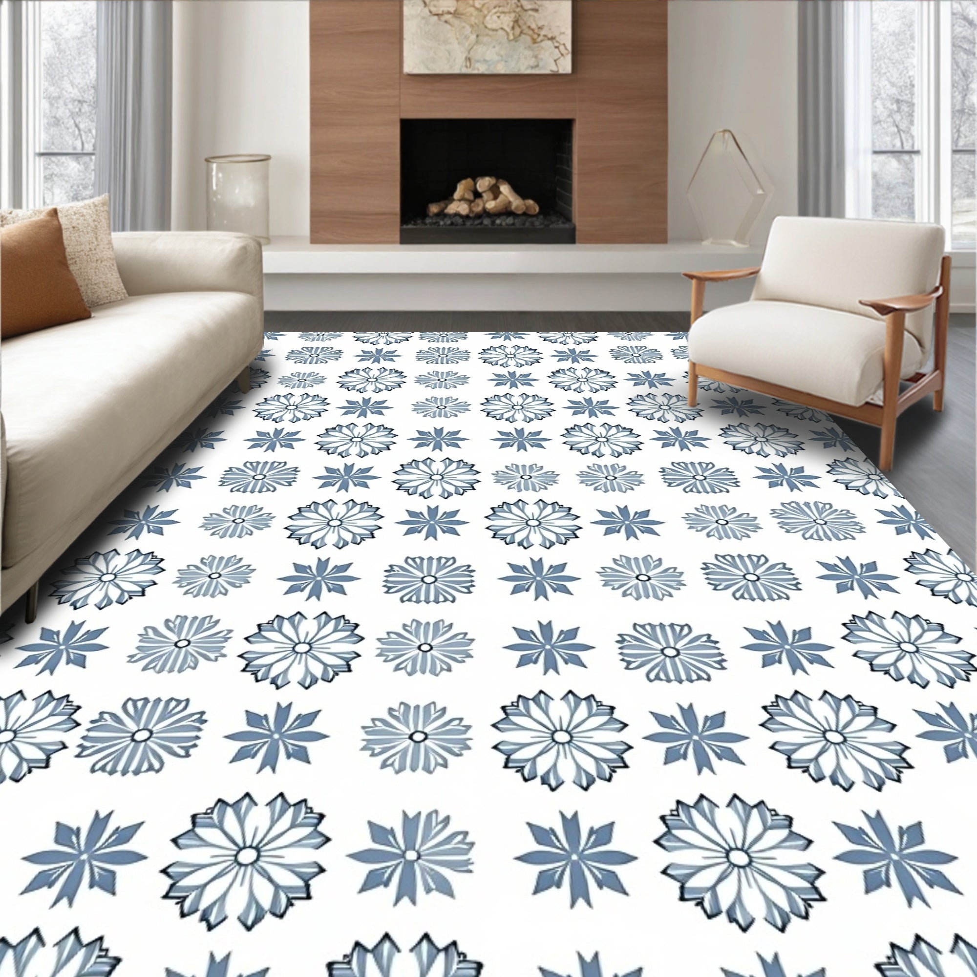 Blue Floral Starburst Repeating Pattern Rug