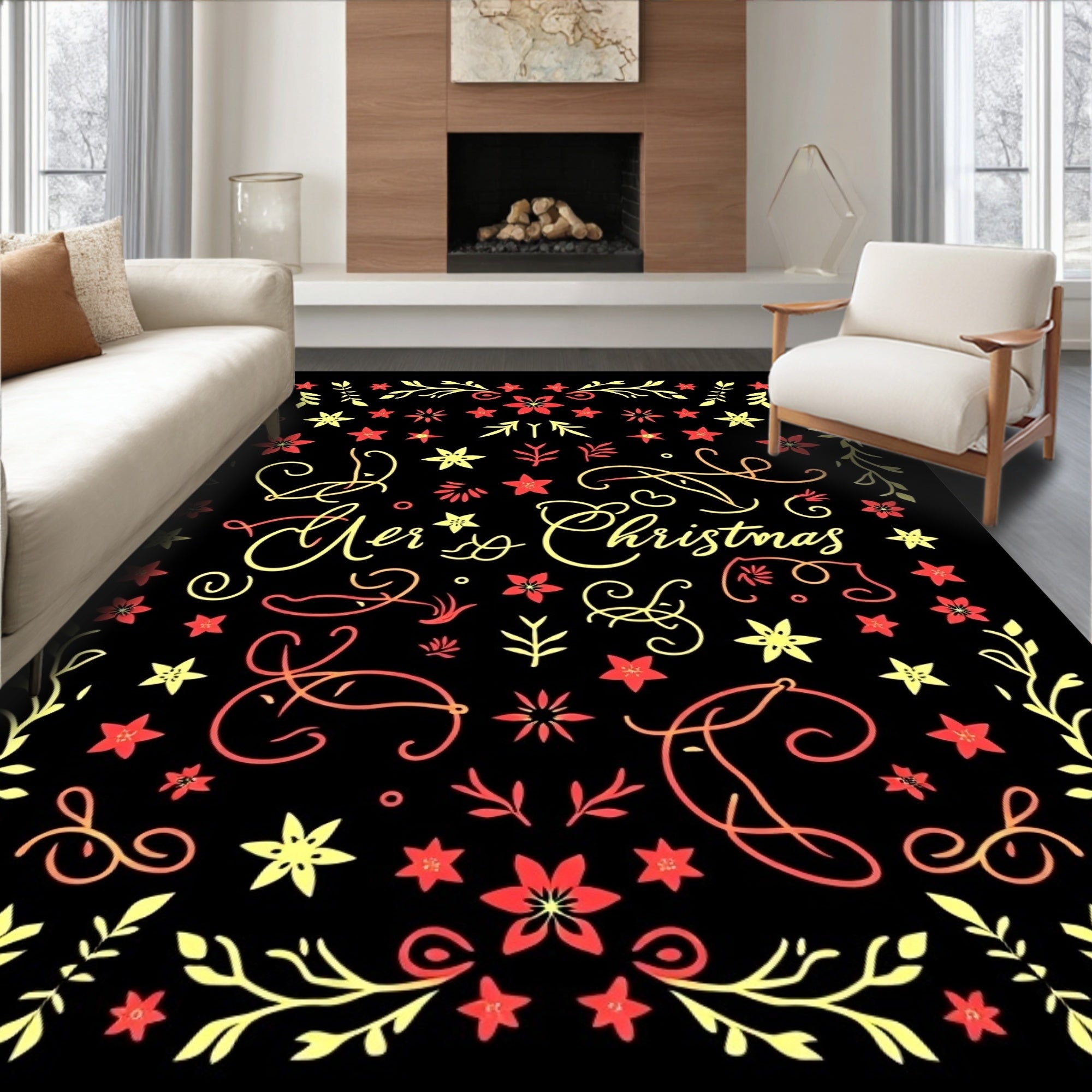 Festive Red Yellow Floral Borders Rug