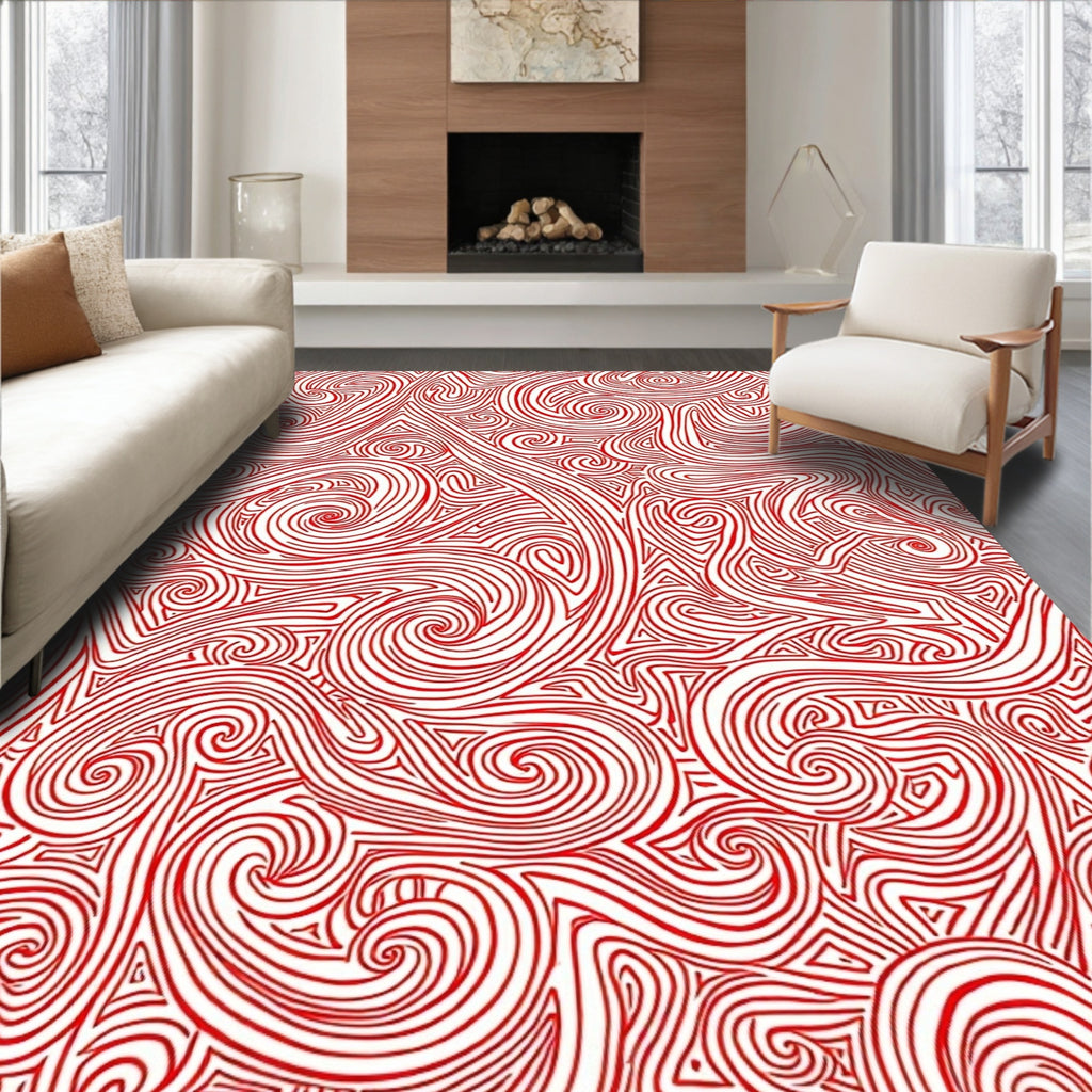 Crimson Swirl Abstract Line Rug