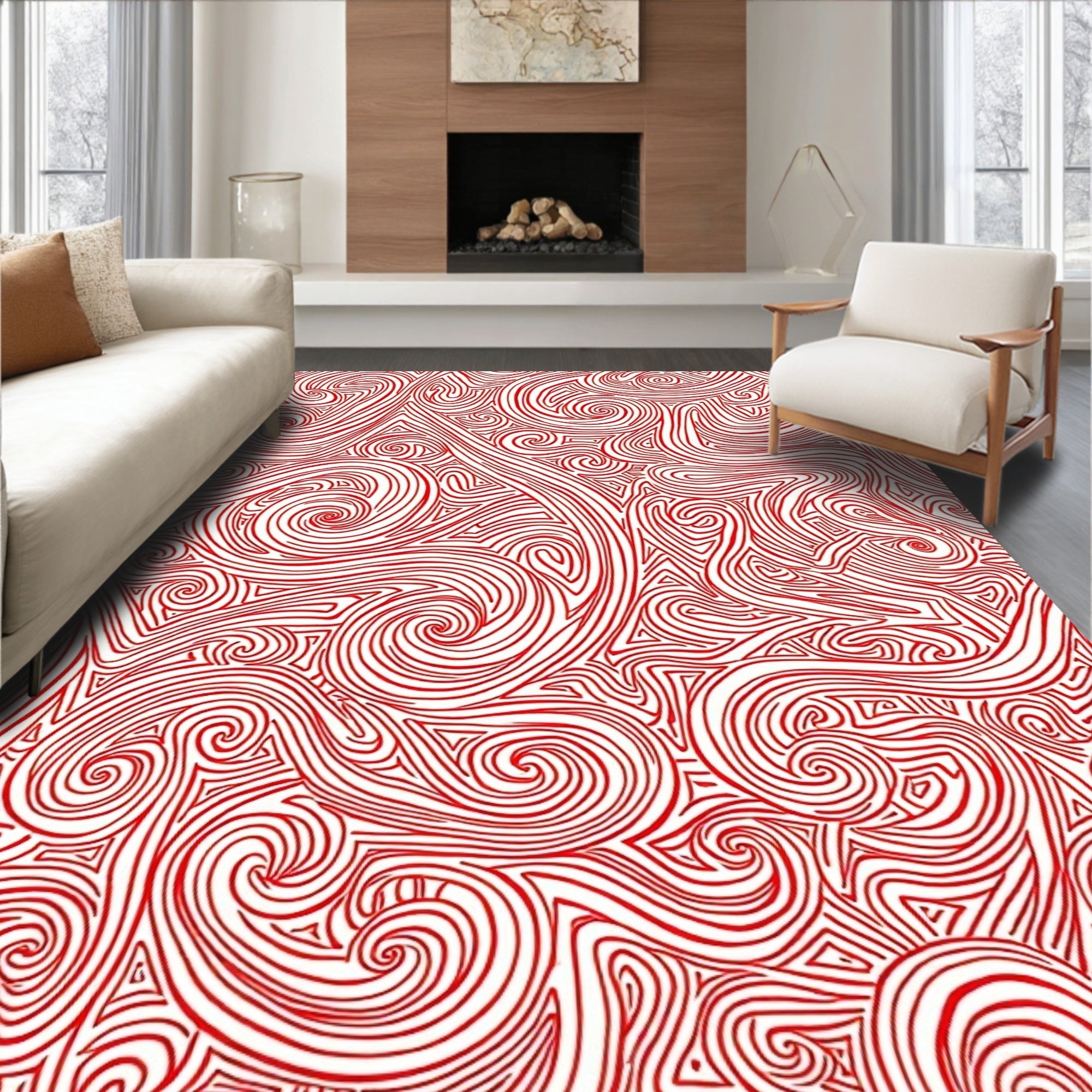 Crimson Swirl Abstract Line Rug
