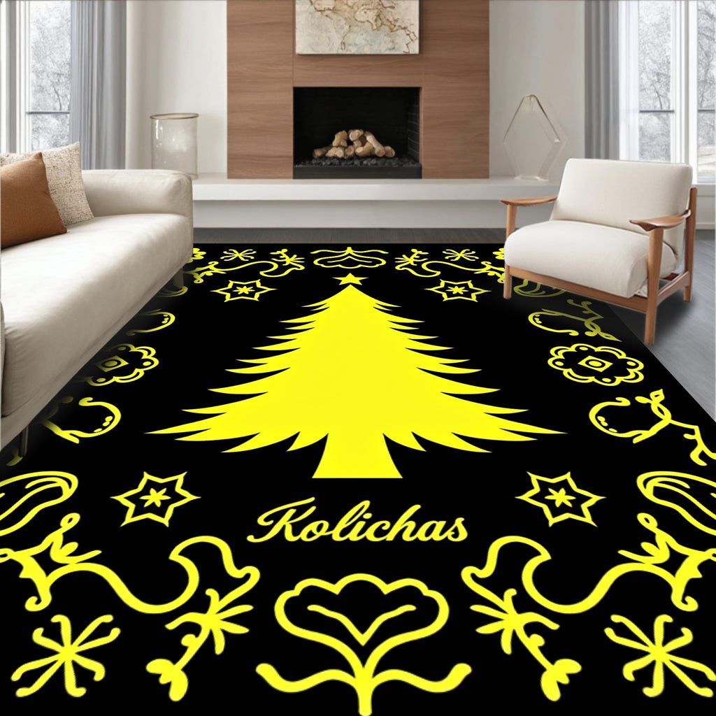 Yellow Christmas Tree Folk Art Rug