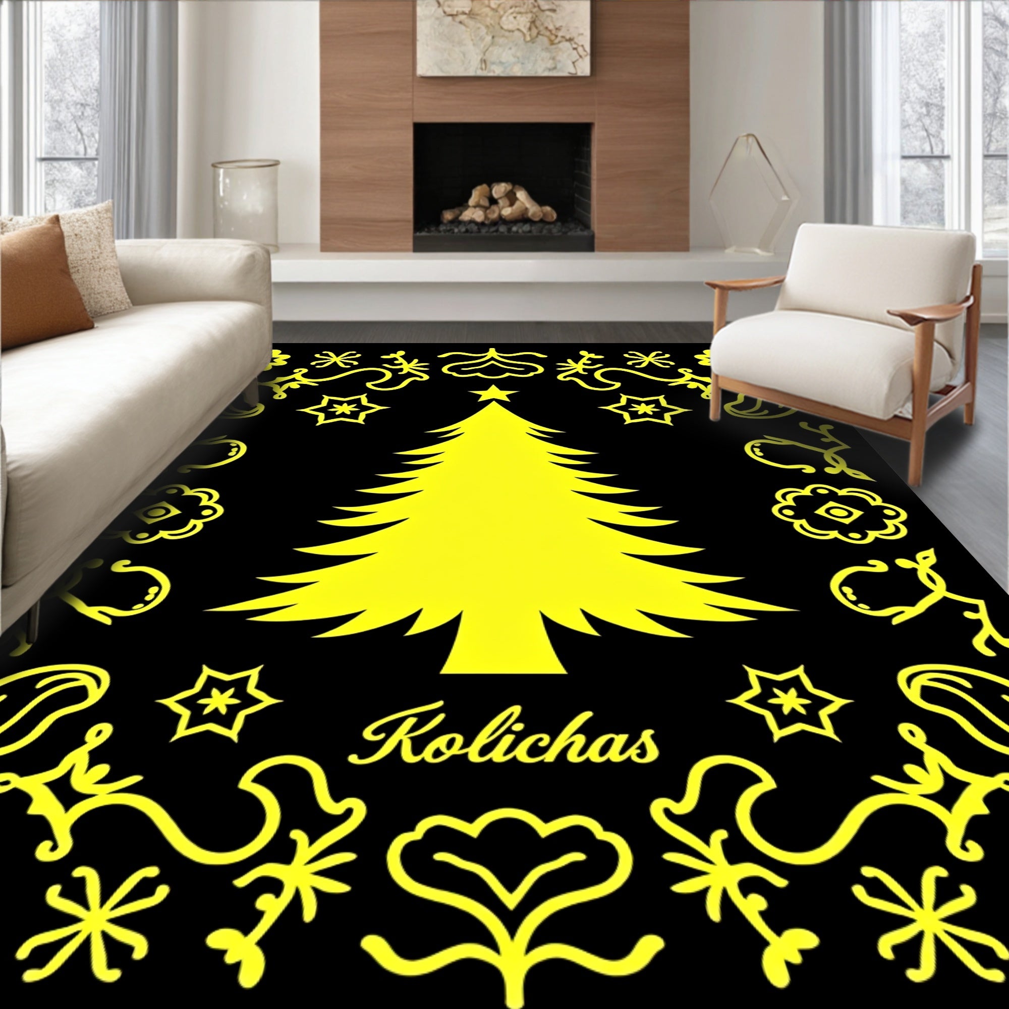 Yellow Christmas Tree Folk Art Rug