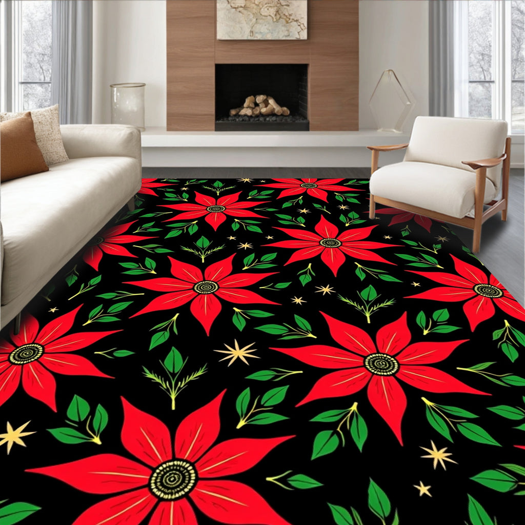 Red Poinsettia Black Star Garden Rug