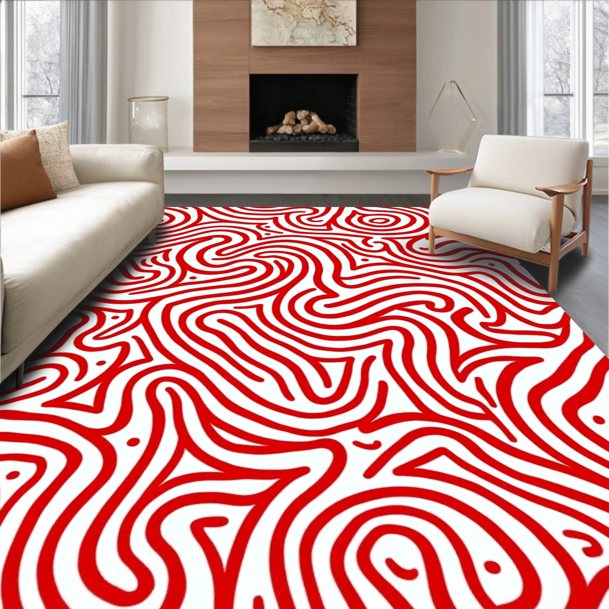 Vibrant Red Abstract Swirl Rug