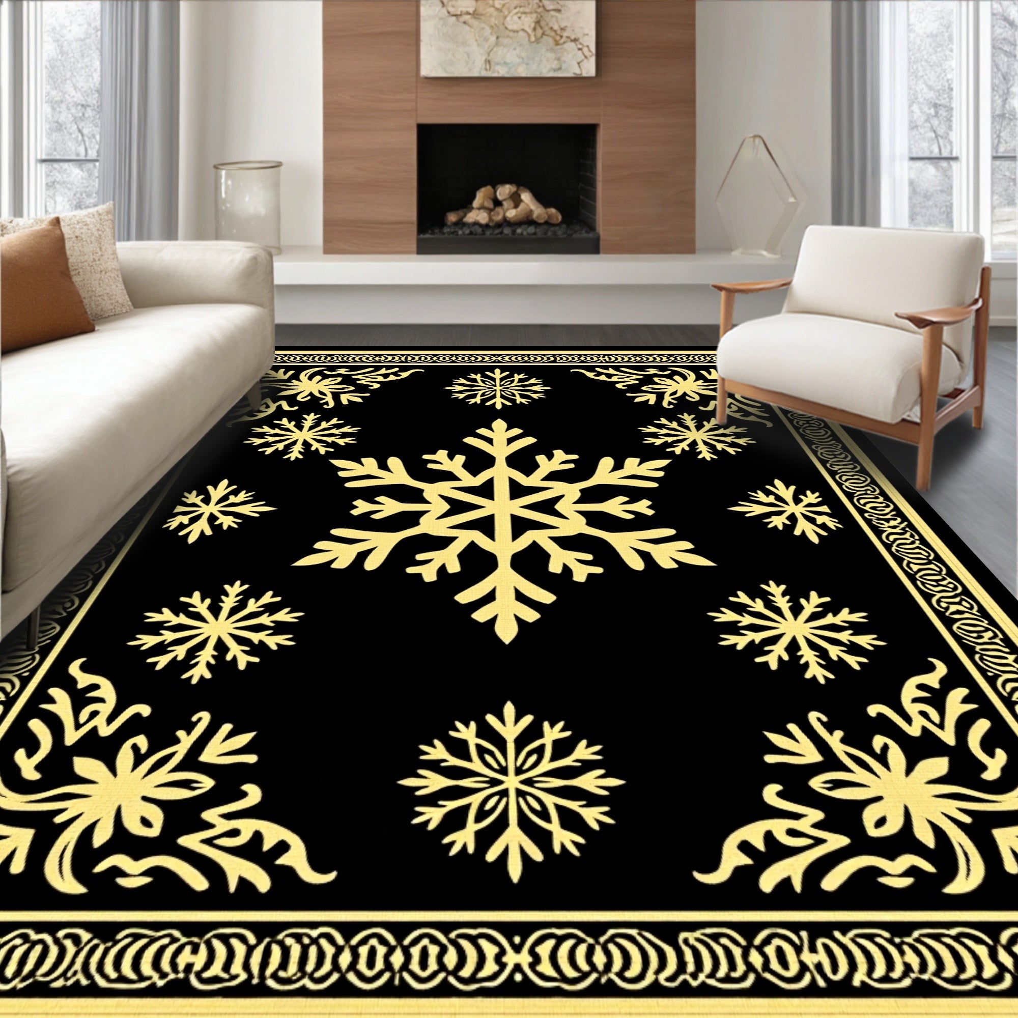 Golden Snowflake Black Contemporary Rug