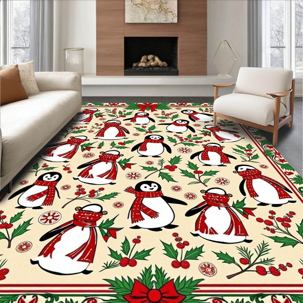 Festive Red Scarf Penguins Holly Berries Rug