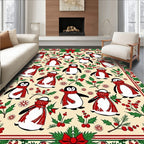 Festive Red Scarf Penguins Holly Berries Rug