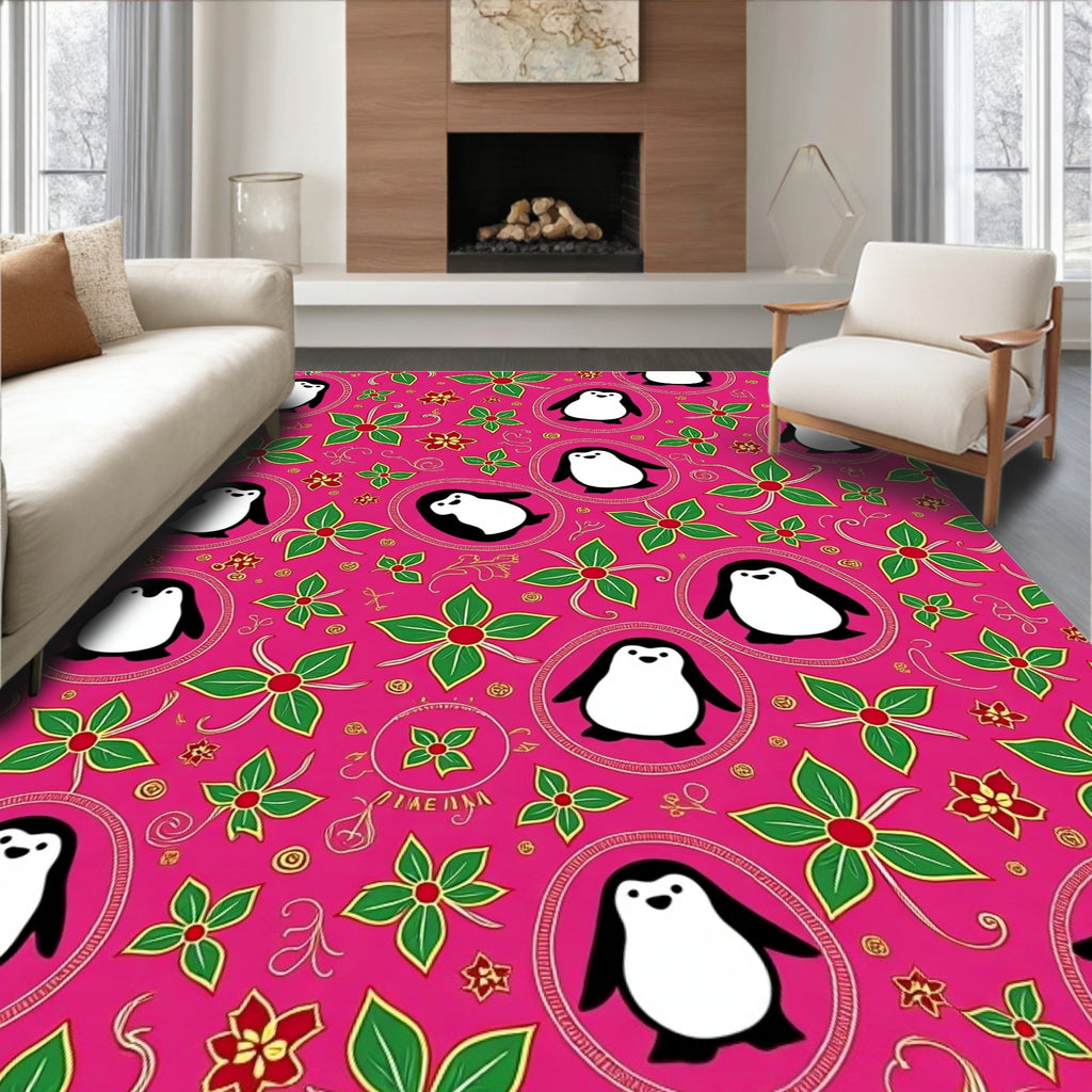 Pink Penguin Floral Whimsical Garden Rug