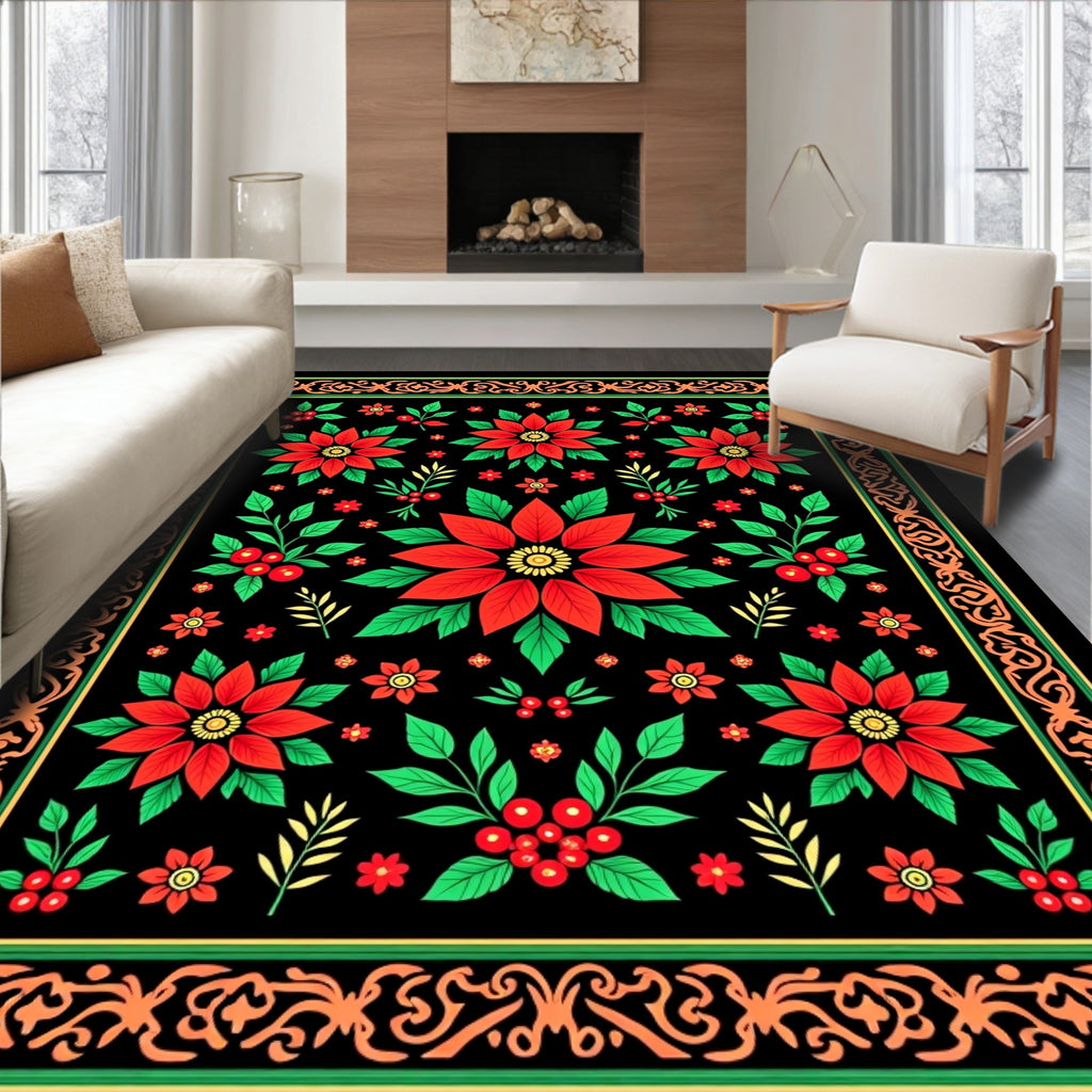 Festive Red Poinsettia Floral Border Rug