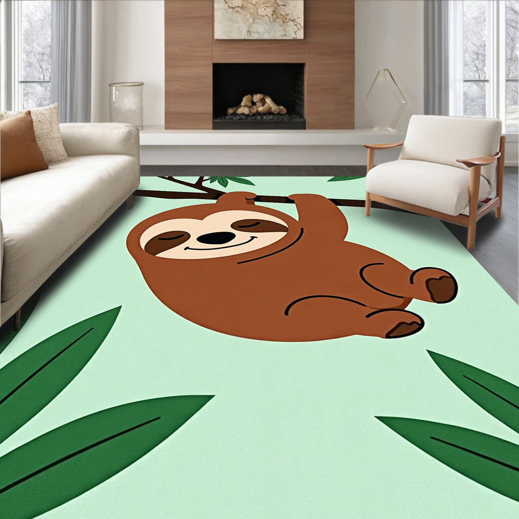 Playful Brown Sloth Hanging Tropical Leaves Rug