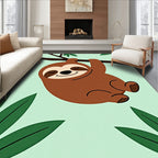 Playful Brown Sloth Hanging Tropical Leaves Rug