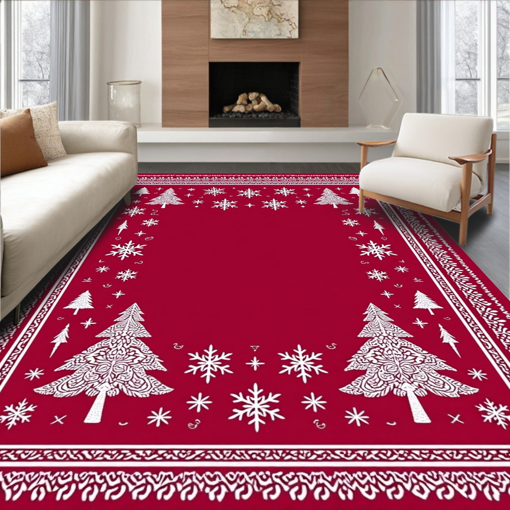 Crimson Trees Snowflakes Folk Rug