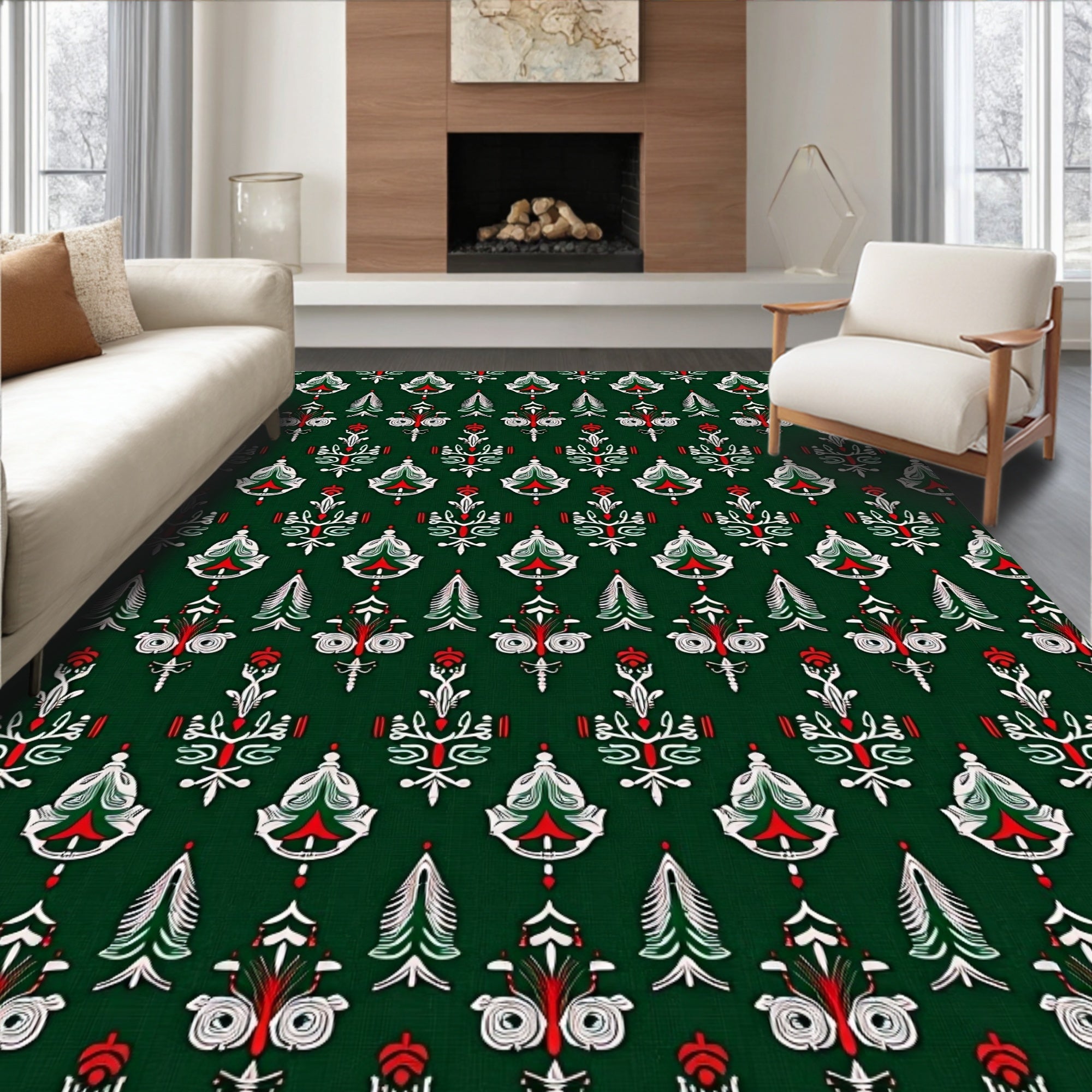 Classic Red White Green Folk Tines Rug