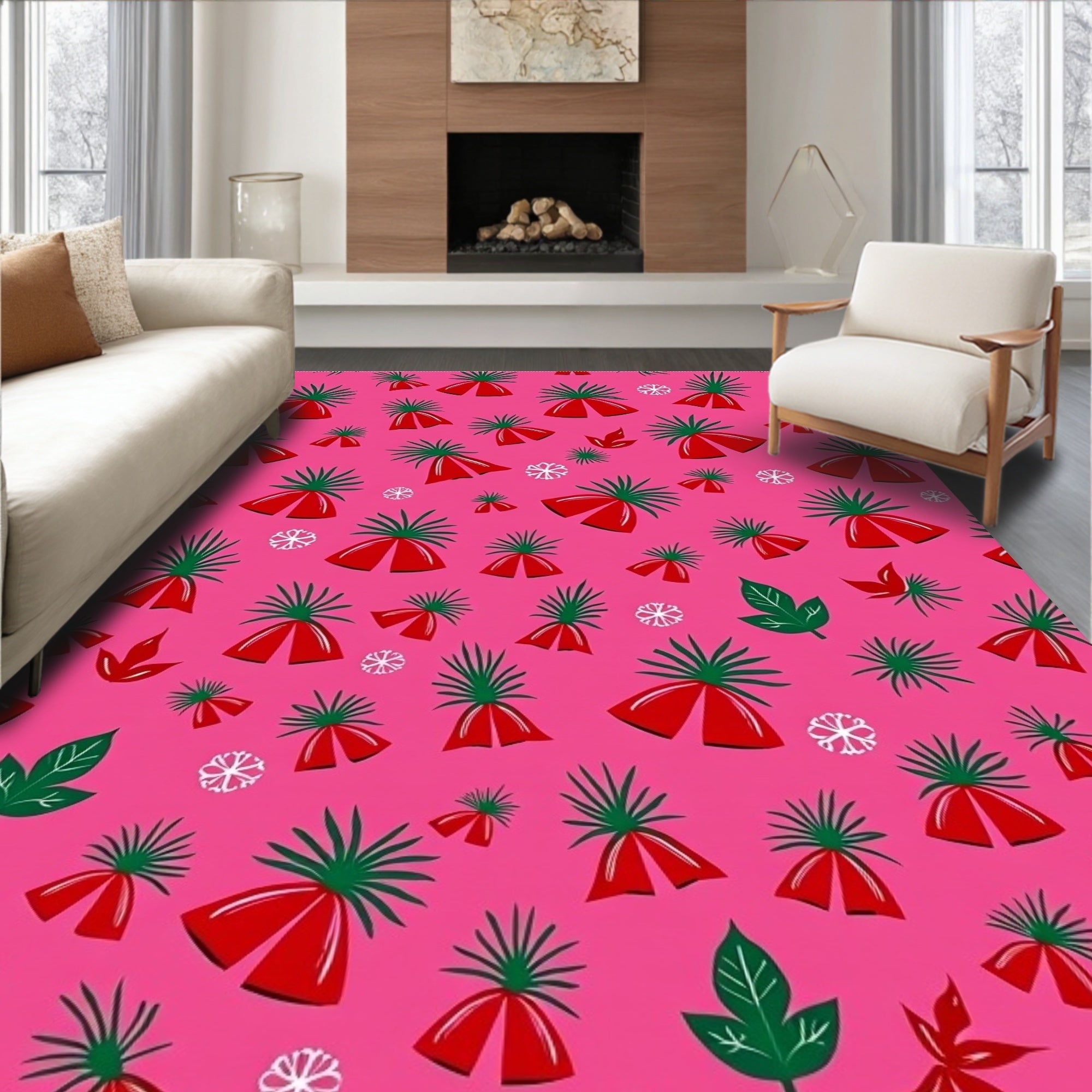 Whimsical Red Tropical Foliage Rug