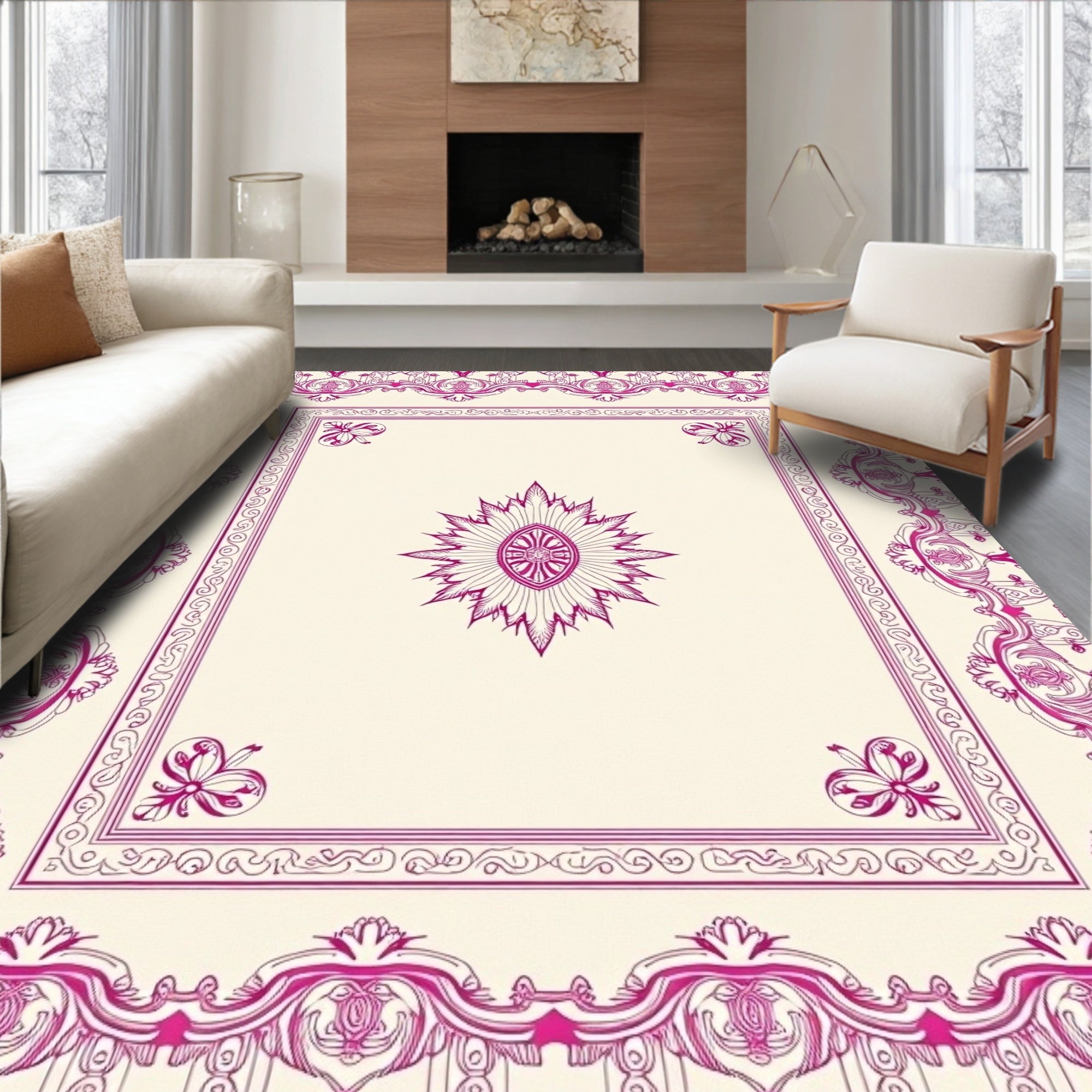 Ornate Pink Floral Medallion Border Rug