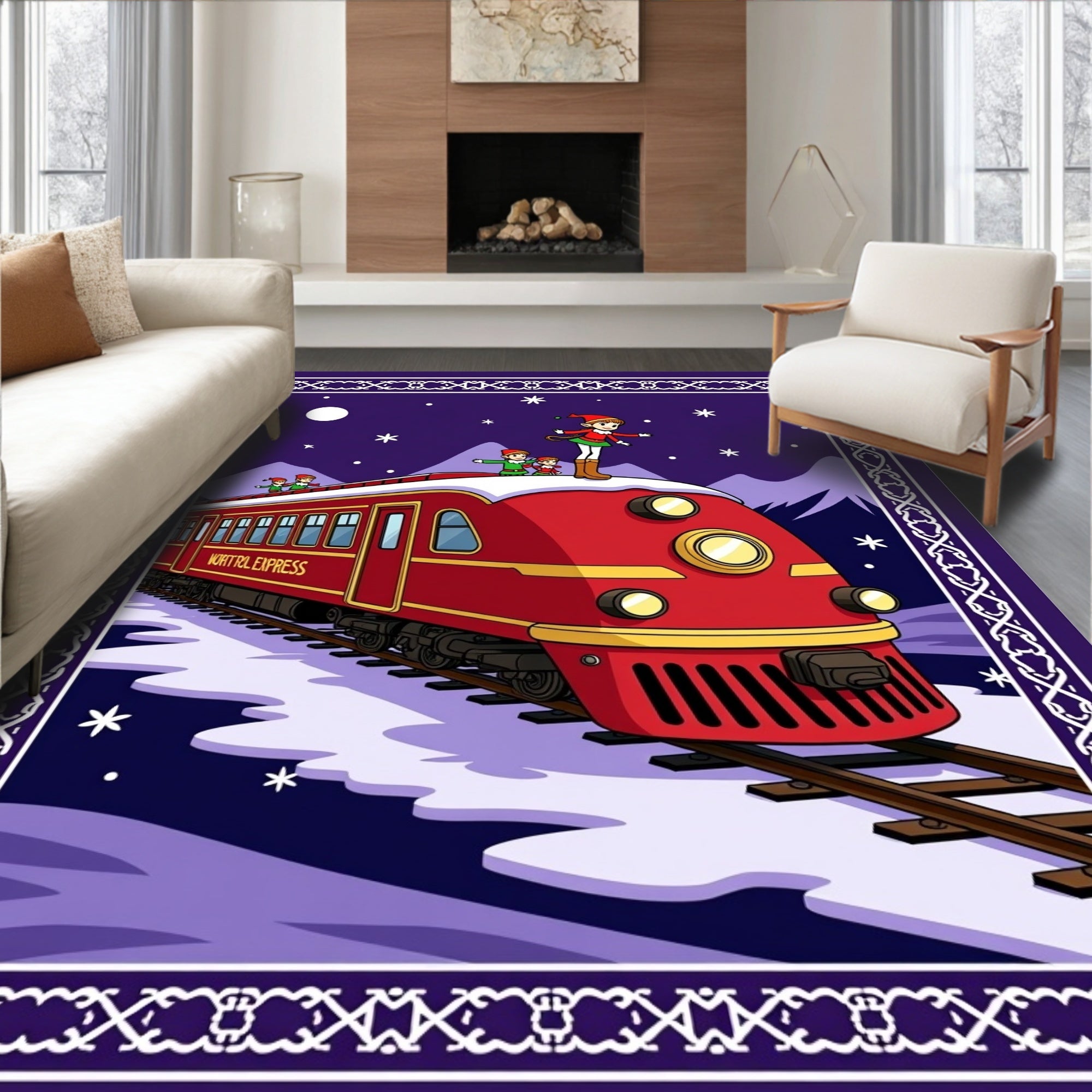 Winter Night Train Christmas Elves Rug