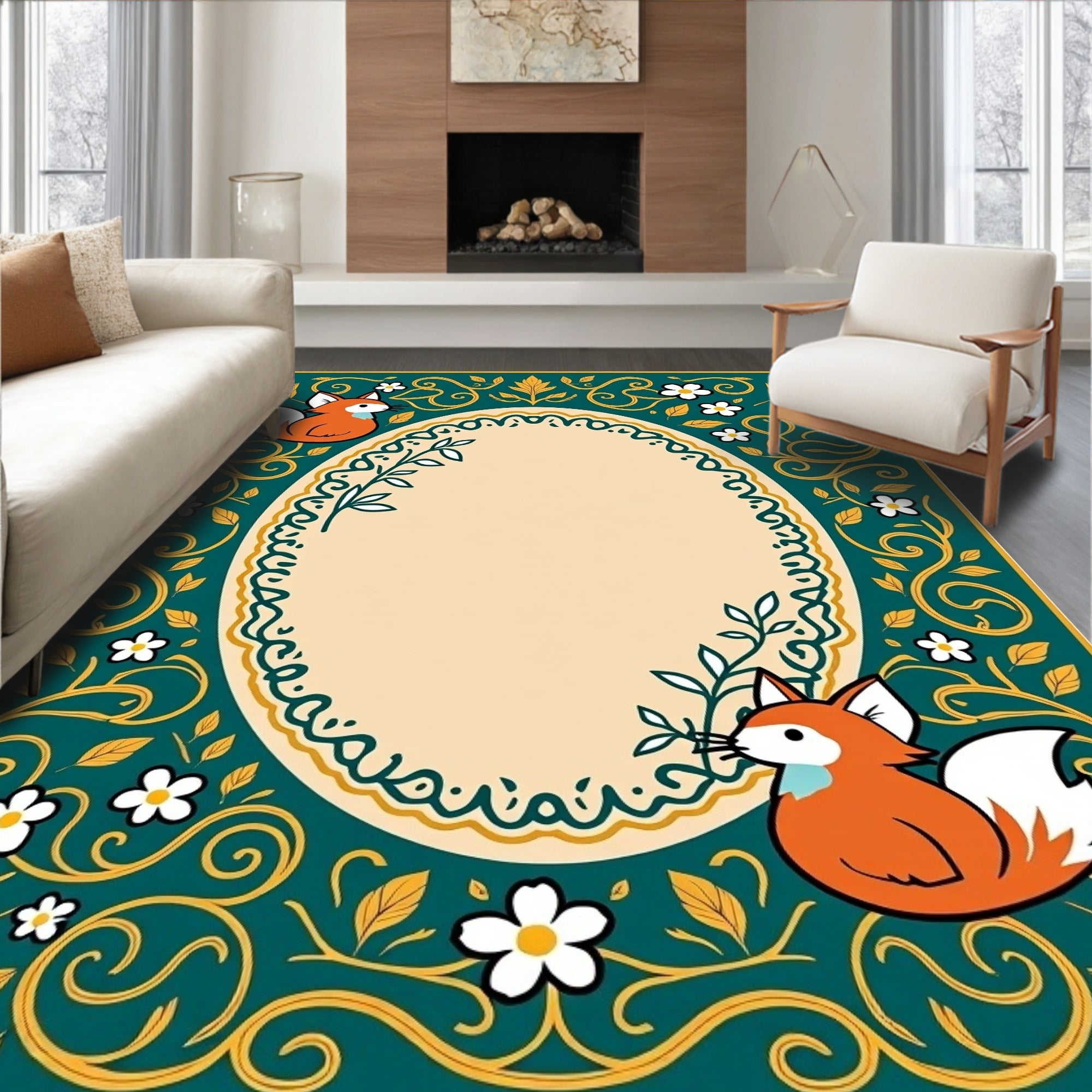Emerald Green Fox Floral Oval Rug