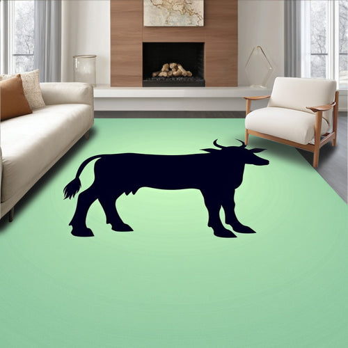 Black Cow Silhouette On Green Background Rug
