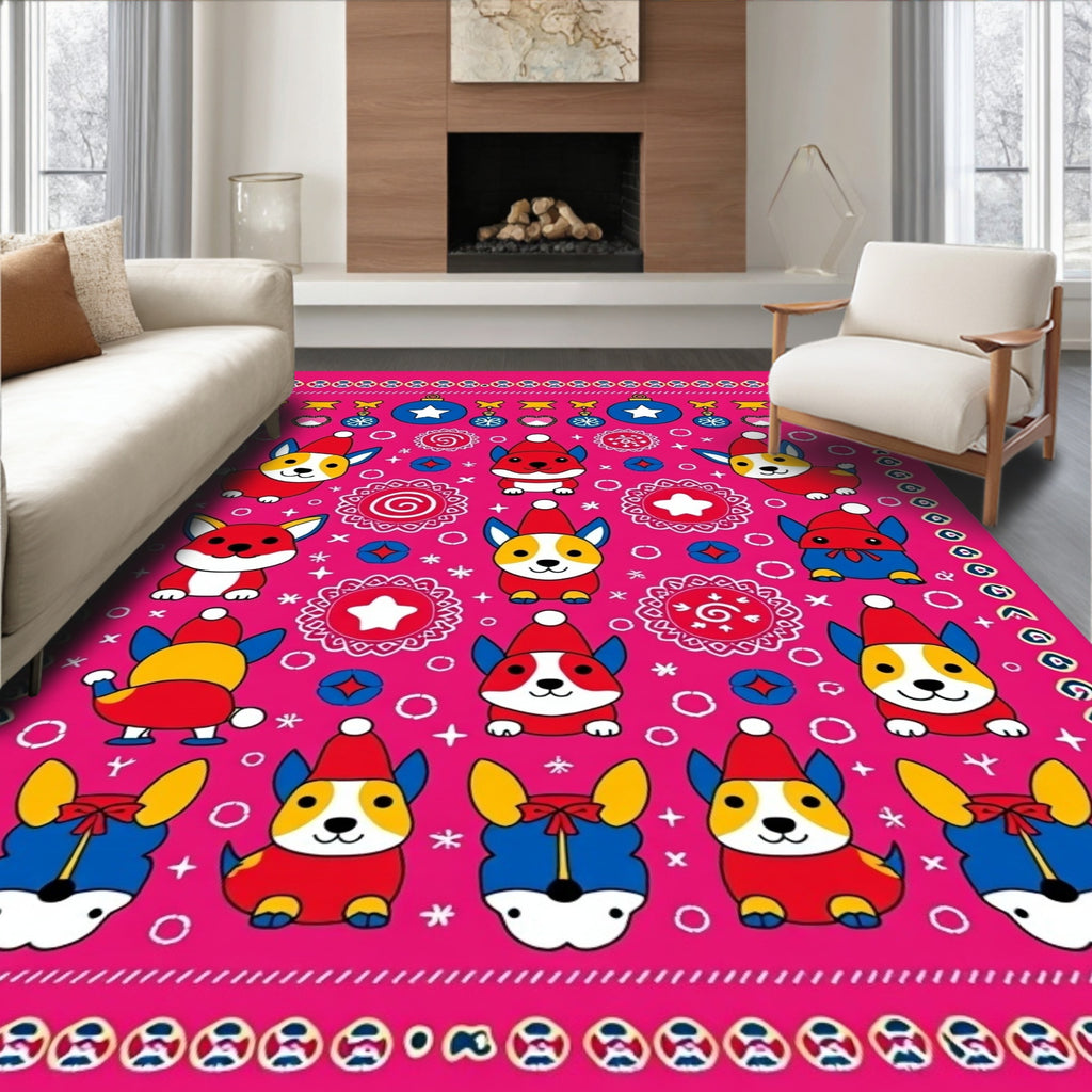 Whimsical Corgy Dogs Holiday Pink Rug
