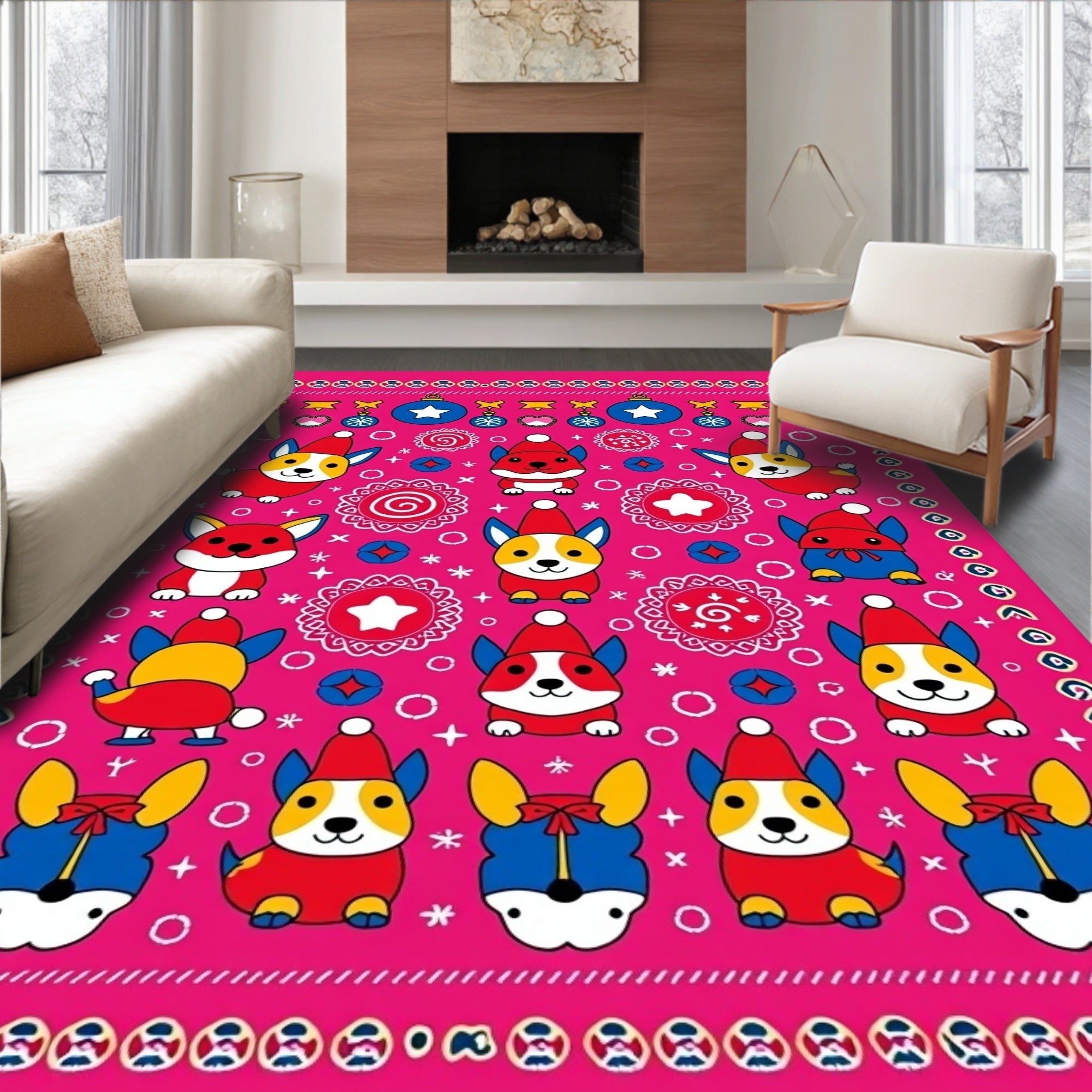 Whimsical Corgy Dogs Holiday Pink Rug