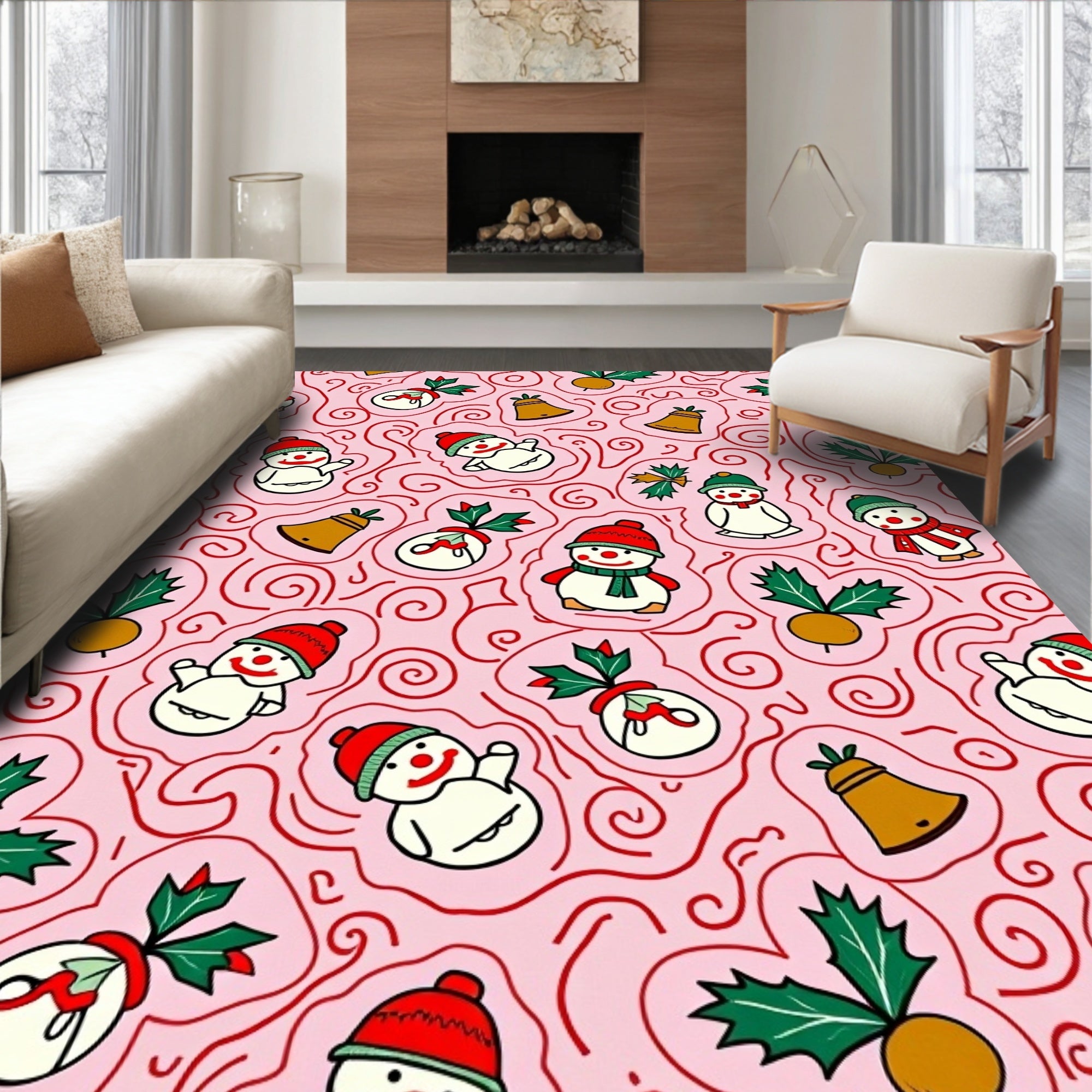 Pink Snowman Holly Bell Swirls Rug