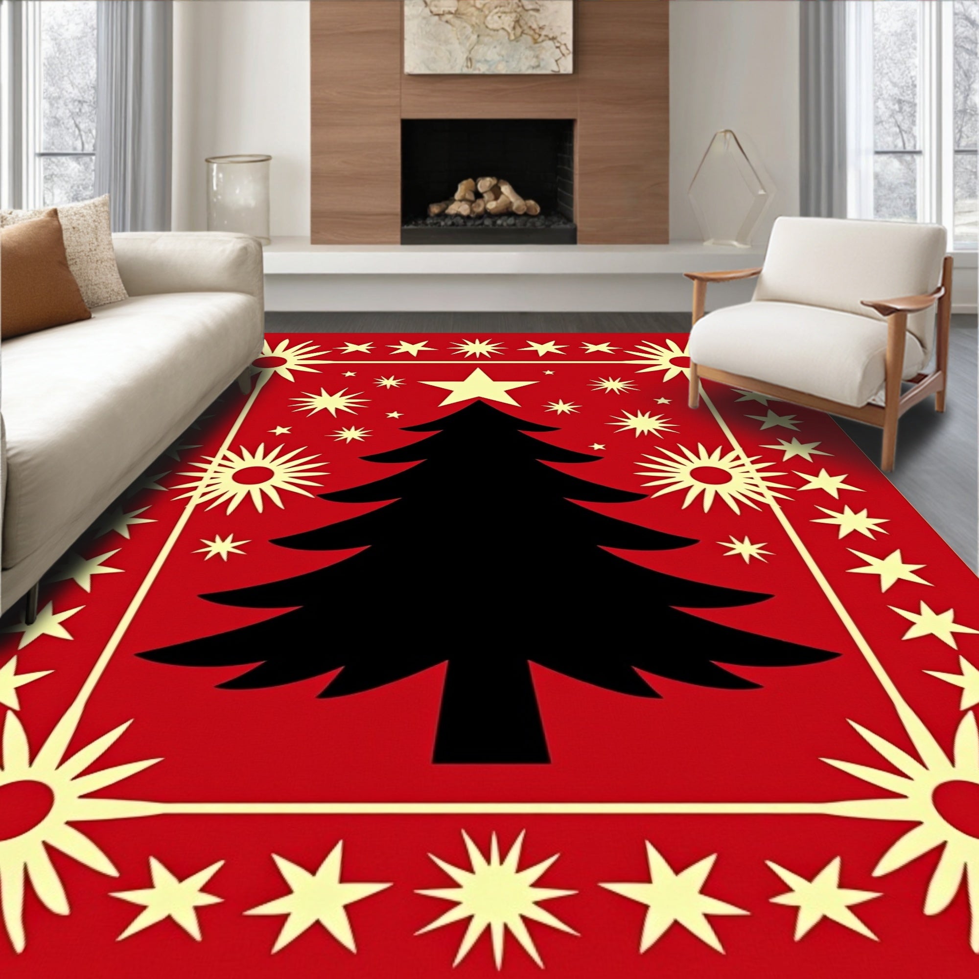 Crimson Festive Star Tree Rug