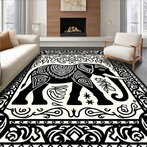 Black Ivory Ornate Elephant Panel Rug