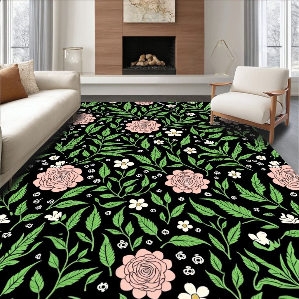 Black Pink Floral Garden Vines Rug