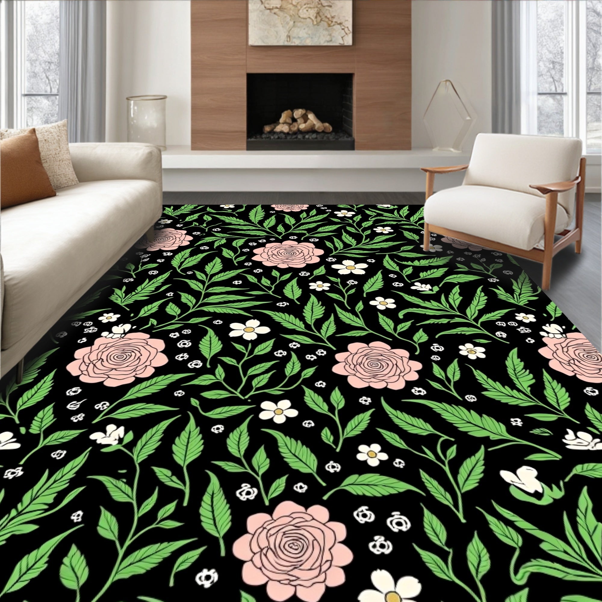 Black Pink Floral Garden Vines Rug