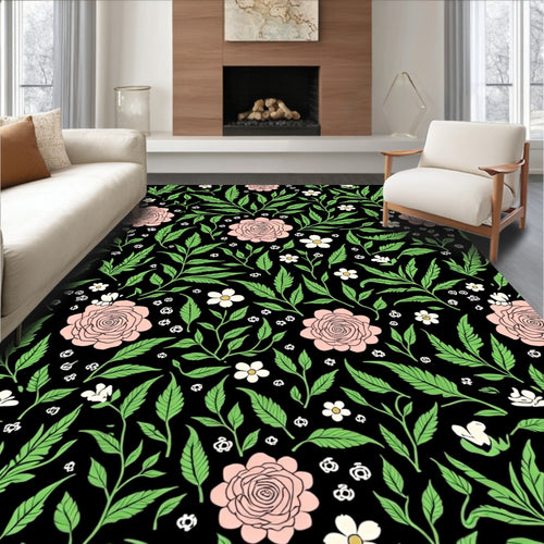 Black Pink Floral Garden Vines Rug